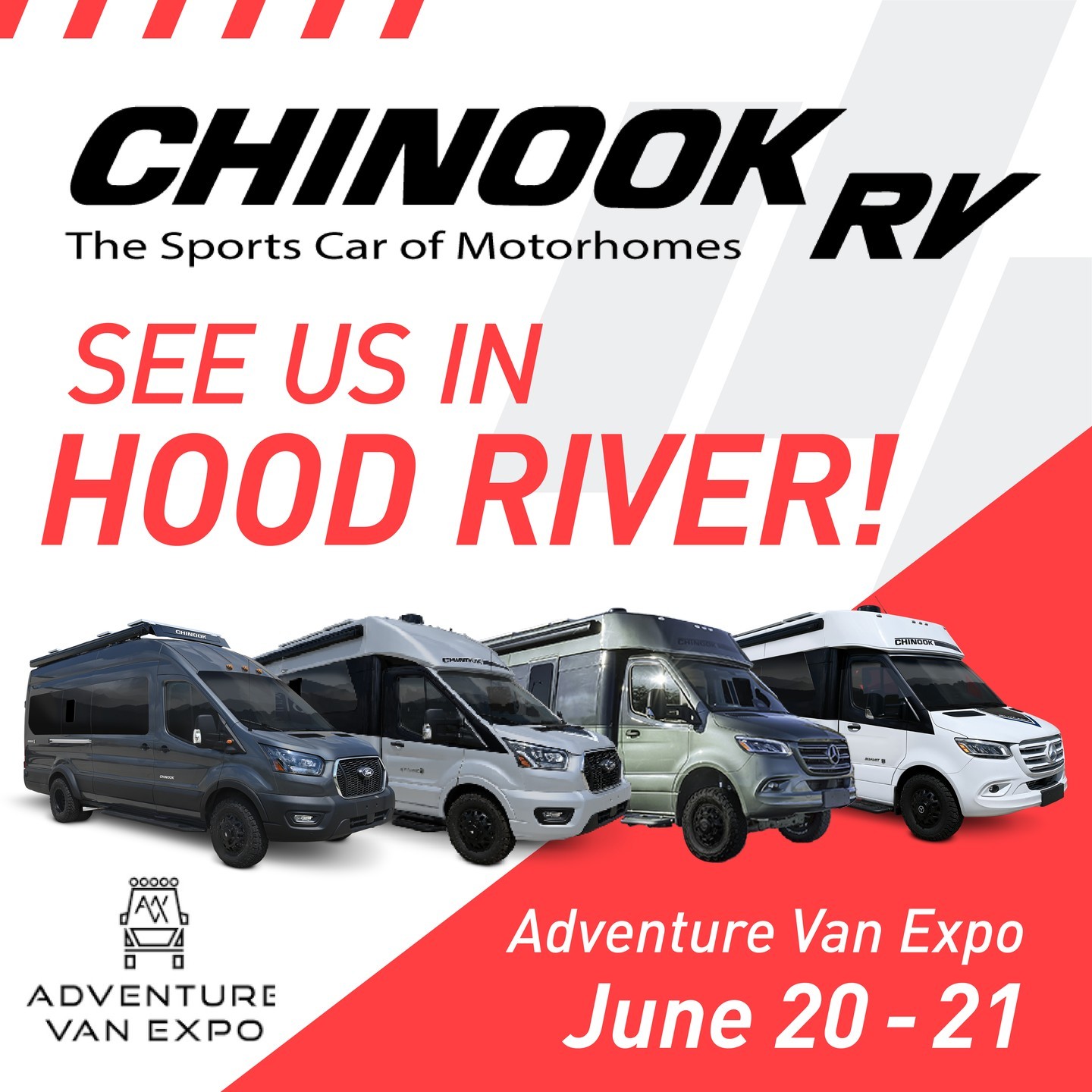 We're excited to be at the @AdventureVanXpo this weekend in Hood River, OR, with @RV_Country!
Come tour three adventure-ready Chinook motorhomes:
🚐 Bayside TB
🚐 Bayside RT
🚐 Summit SS
Whether you're planning your next road trip, comparing floorplans, or simply curious about what sets Chinook apart, this is your chance to experience our craftsmanship, comfort, and capability in person.
From versatile floorplans to available all-wheel drive and all-season construction, Chinook motorhomes are built for travelers who want to stay out longer and explore farther.
📍 Hood River, OR
📅 June 20–21
Event details: https://www.chinookrv.com/events
#ChinookRV #AdventureVanExpo #HoodRiver #TravelOregon @TravelOregon #RVLife #VanLife #Motorhome #BaysideTB #BaysideRT #SummitSS #AdventureReady #RVCountry