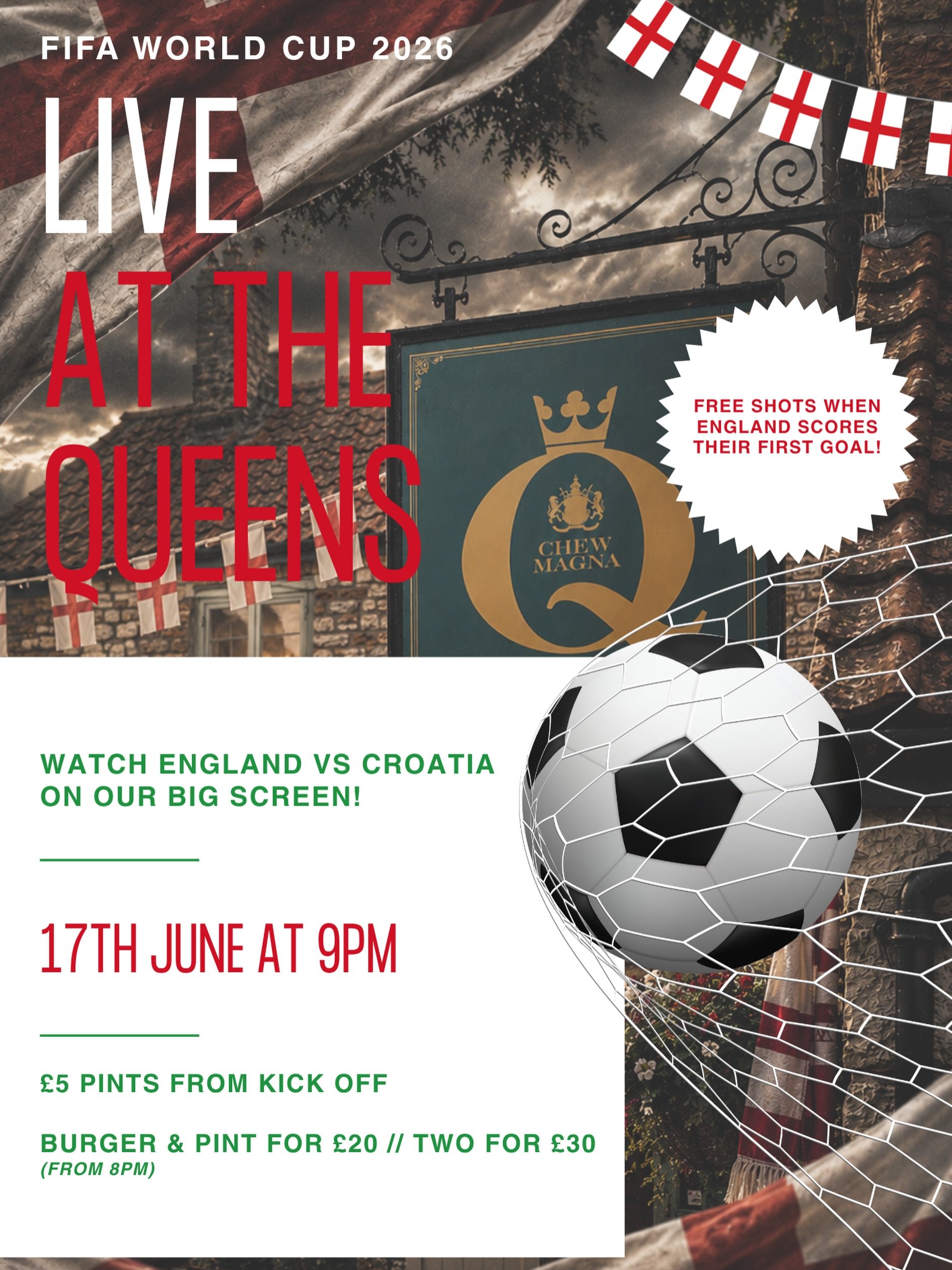 England’s World Cup journey starts tonight! ⚽️
Join us for England vs Croatia live on our big screen in the skittle alley or on one of our two TVs in the pub. Kick-off is at 9pm, with all pints £5 from kick-off and our burger & pint deal available from 8pm (£20, or two for £30).
And if England score their first goal of the tournament? Free shots for everyone!
Come on England! 🏆🦁
#chewmagna #chewvalley #fifaworldcup2026