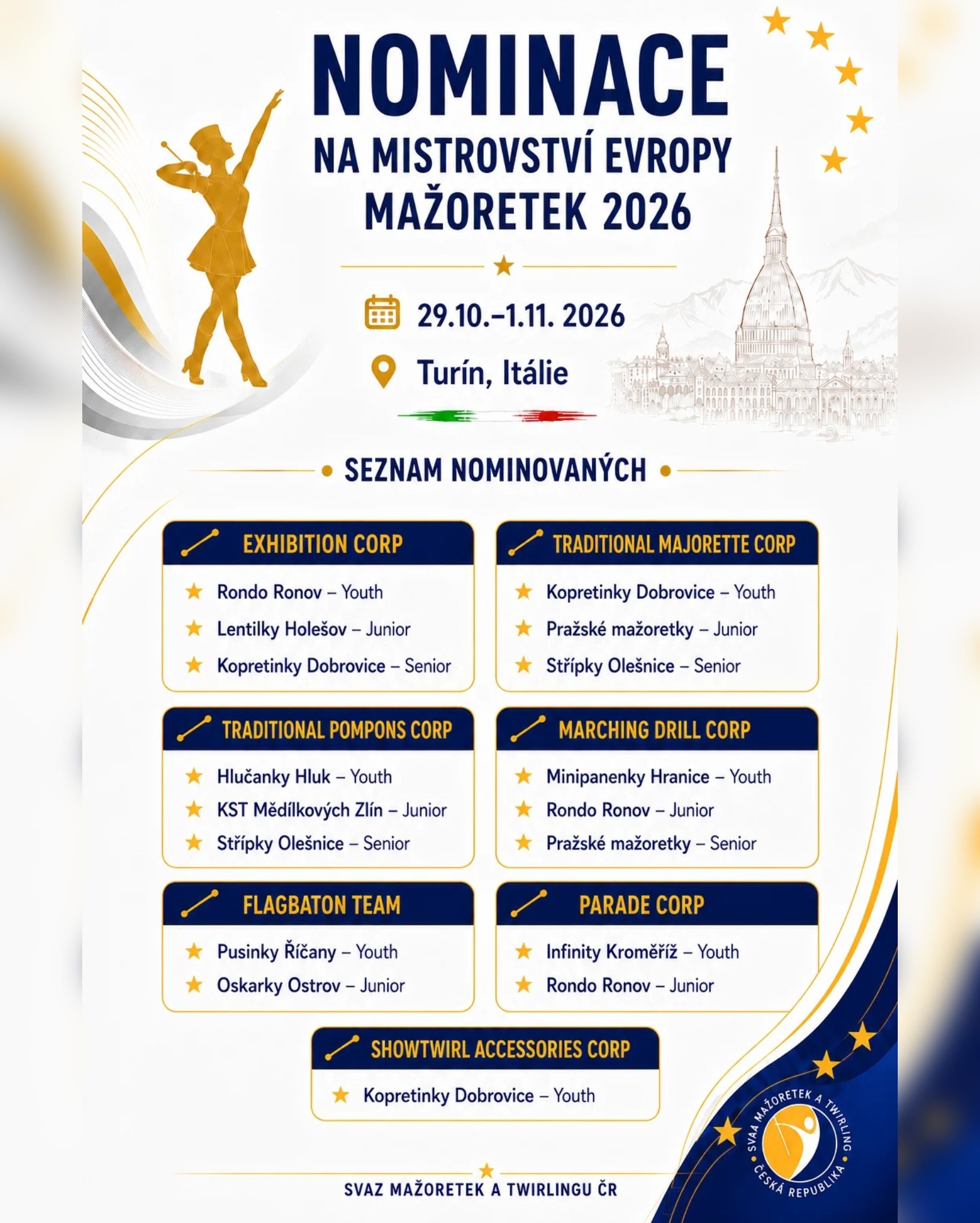 Představujeme vám seznam nominovaných skupin a sólistek, které budou reprezentovat Českou republiku na Mistrovství Evropy mažoretek 2026 v Turíně. 🇨🇿✨
Gratulujeme všem nominovaným týmům i sólistkám a přejeme hodně sil, energie a úspěšnou přípravu na evropský šampionát. 💙💛
📍 Turín, Itálie
📅 29. 10. – 1. 11. 2026