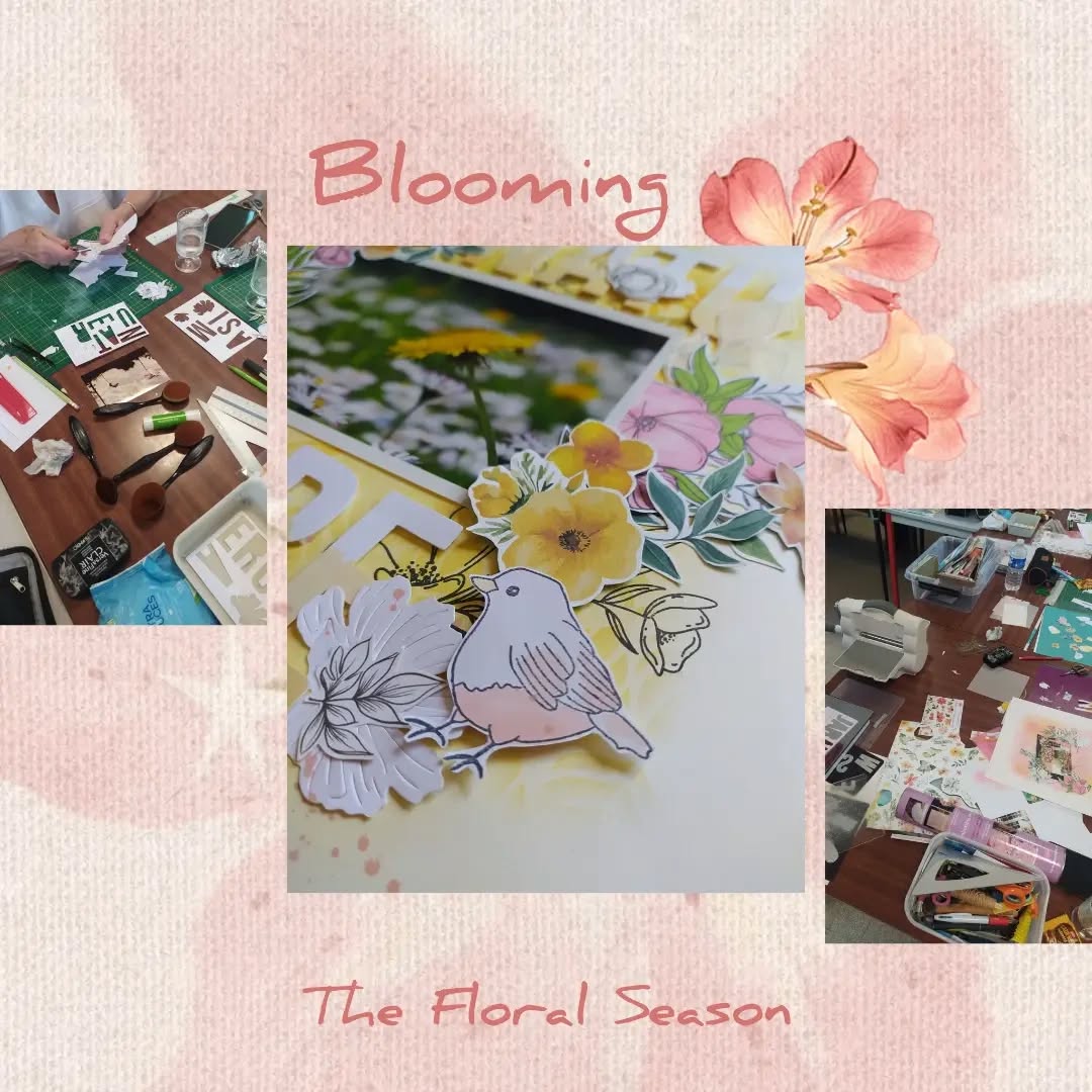 La distance s'élargit 🚗 pour les ateliers.
Mercredi, un groupe de débutantes pour une page de scrapbooking très florale 🌼🌸🌼🌸