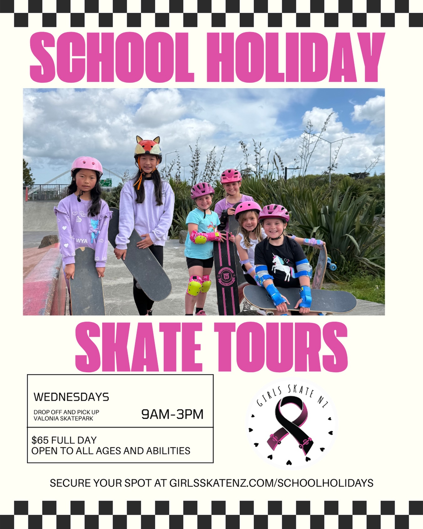 after a short hiatus, our skate tours are back for this coming school holidays!! 🫶 our skate tours run from 9am-3pm, skaters will meet at Valonia Skatepark, and spend the day with a coach and other skaters travelling to 3x different skateparks! Skate tours are open to all ages and abilities, and are a great way to make new friends, learn new tricks and spend the day being active 😍🛹🛹
For more information visit our website or flick us a message! girlsskatenz.com/schoolholidays