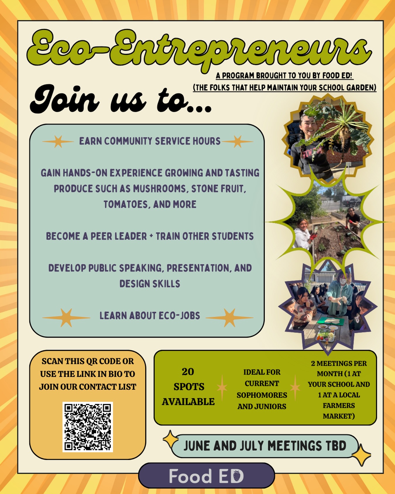 🔔 Calling all TCHS and MHS students!! 🔔 Apply NOW to become an Eco Entrepreneur ✨🌱
Earn community service hours while getting hands-on experience growing and tasting produce like mushrooms, tomatoes, and stone fruit!
Learn about eco-jobs, build public speaking + design skills, and step into a peer leadership role where you help train other students.
Great for building real-world leadership and sustainability experience for college and beyond. 🌿
Open to all Temple City High School and Monrovia High School students! 📚✨