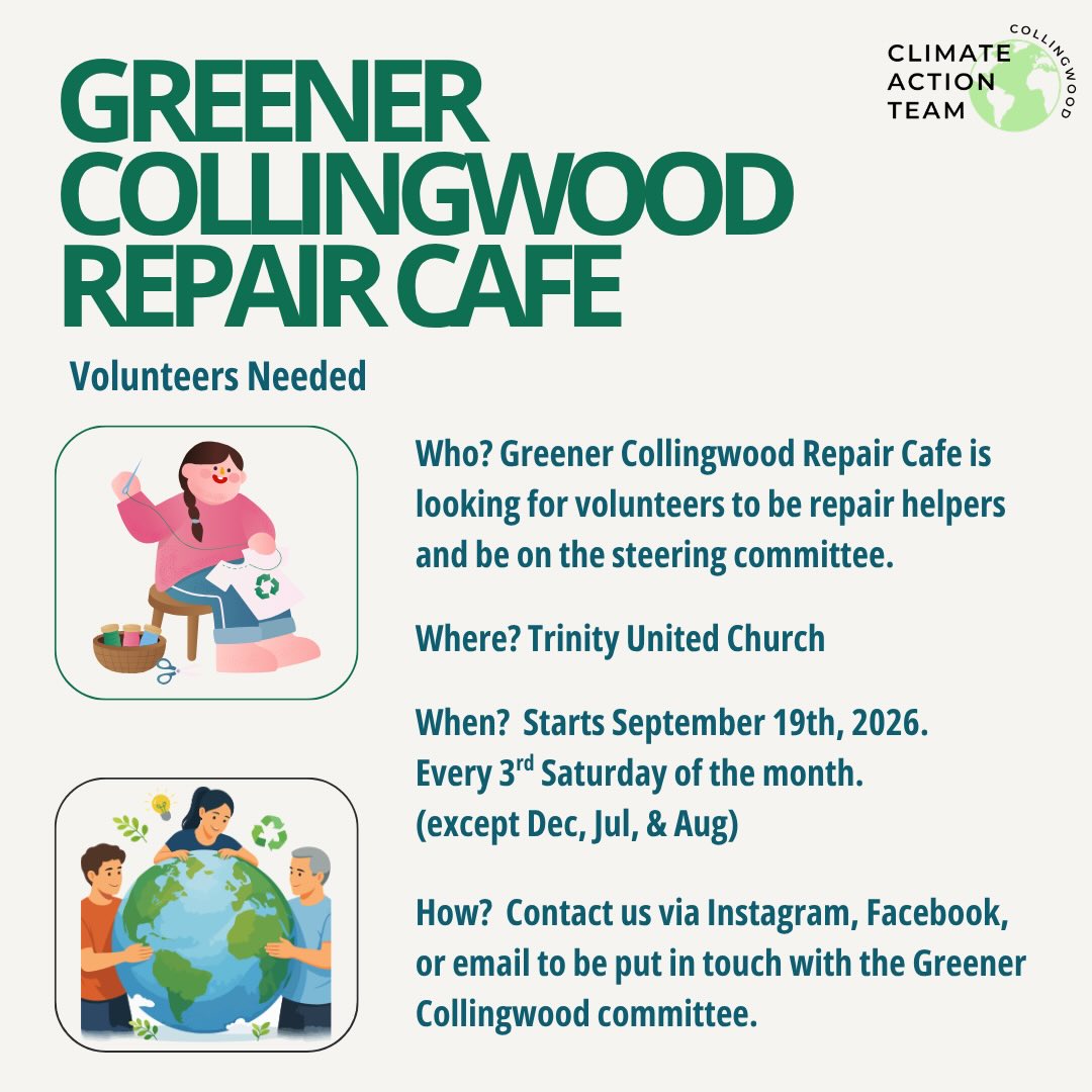 Greener Collingwood Repair Cafe is an amazing opportunity to get involved in helping your community, building connections, and bettering the environment.
The Repair Cafe is looking for volunteers with a variety of skills to help with repairs, as well as individuals interested in joining the steering committee.
We hope to see you there! Reach out to us via Instagram, Facebook, or email for more details and to get connected with the Repair Cafe committee. 🌎🫂
#supportcollingwood #repaircafe #collingwoodlife