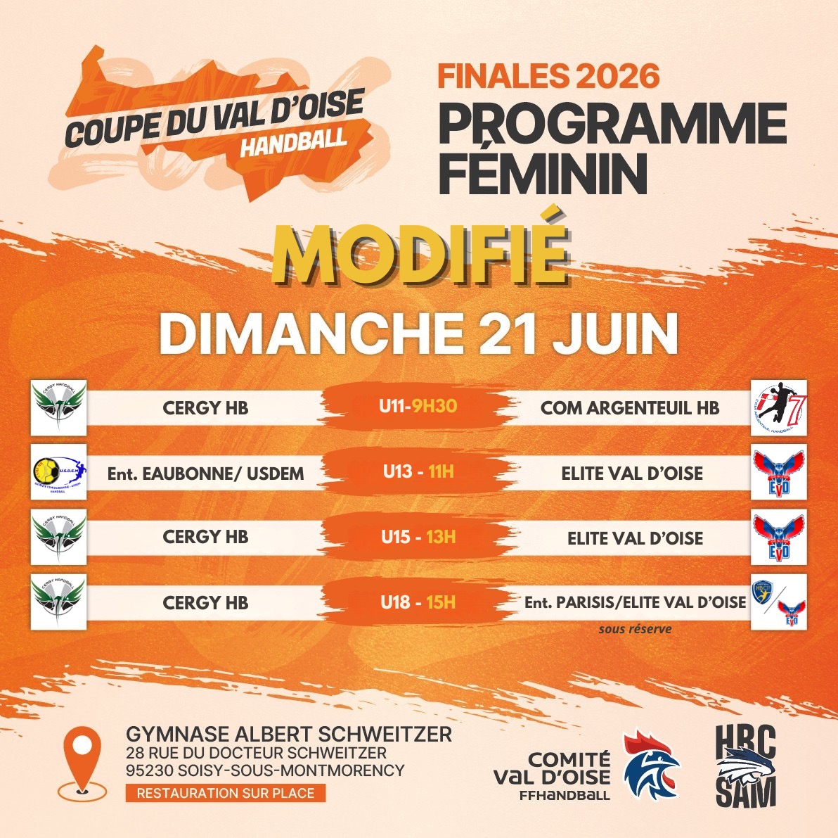 📣 ATTENTION MODIFICATION D'HORAIRES
En raison de la vague de chaleur, le comité et le club @hbcsam_officiel décident d’avancer les heures des matchs au programme demain.
Afin de repérer les changements qui ont été effectués vous pourrez retrouver en deuxième page de ce post LES ANCIENNES HORAIRES initialement prévues…
Bon match à tous
#CVO #CVO2026 #valdoise #handball #Coupe #Programme #CLUB95