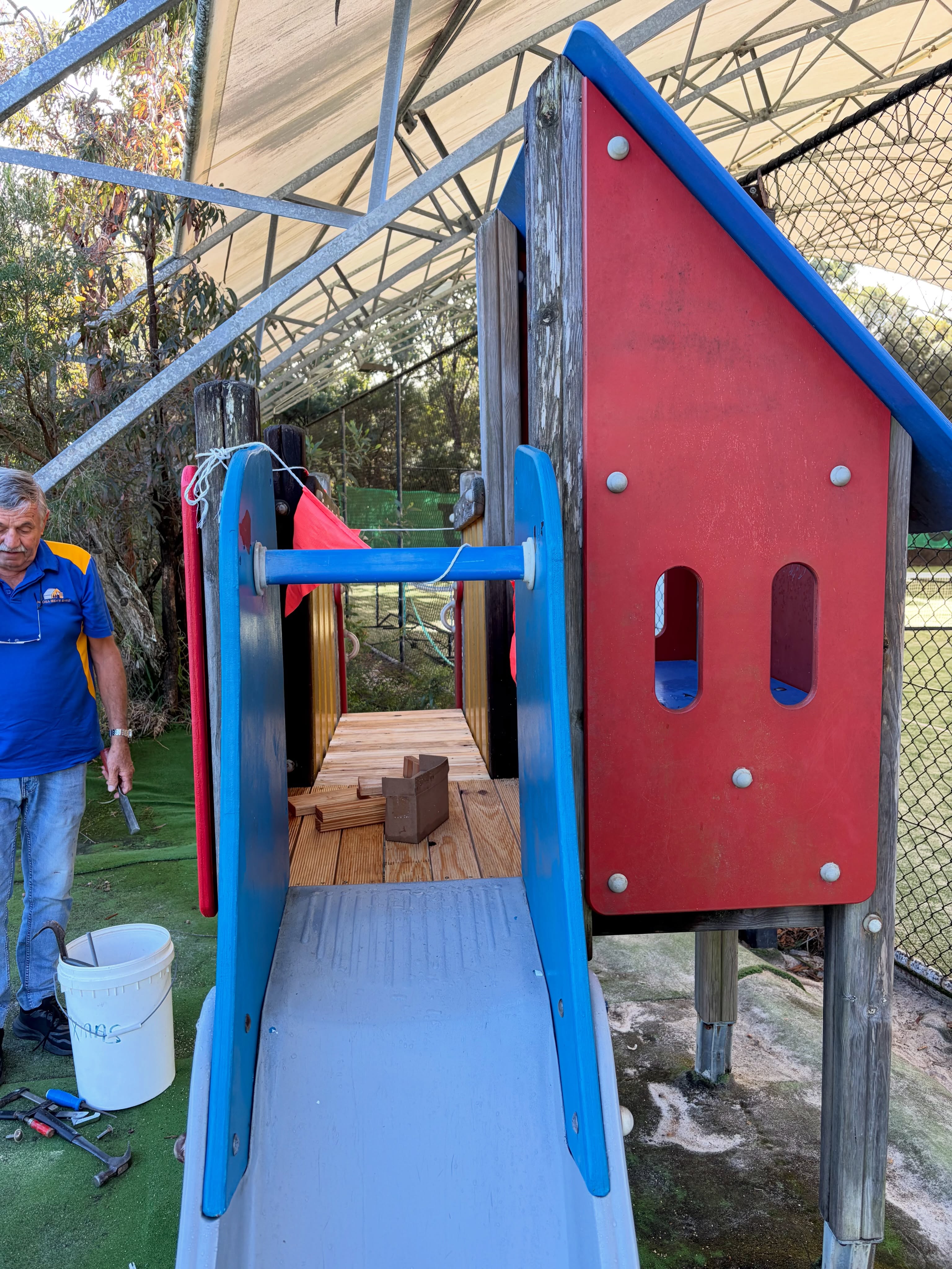 Our playground repair in under works by our club members and friends at the Noosa Menโs Shed. The club will be repairing and replacing fencing and flooring as funding is received.