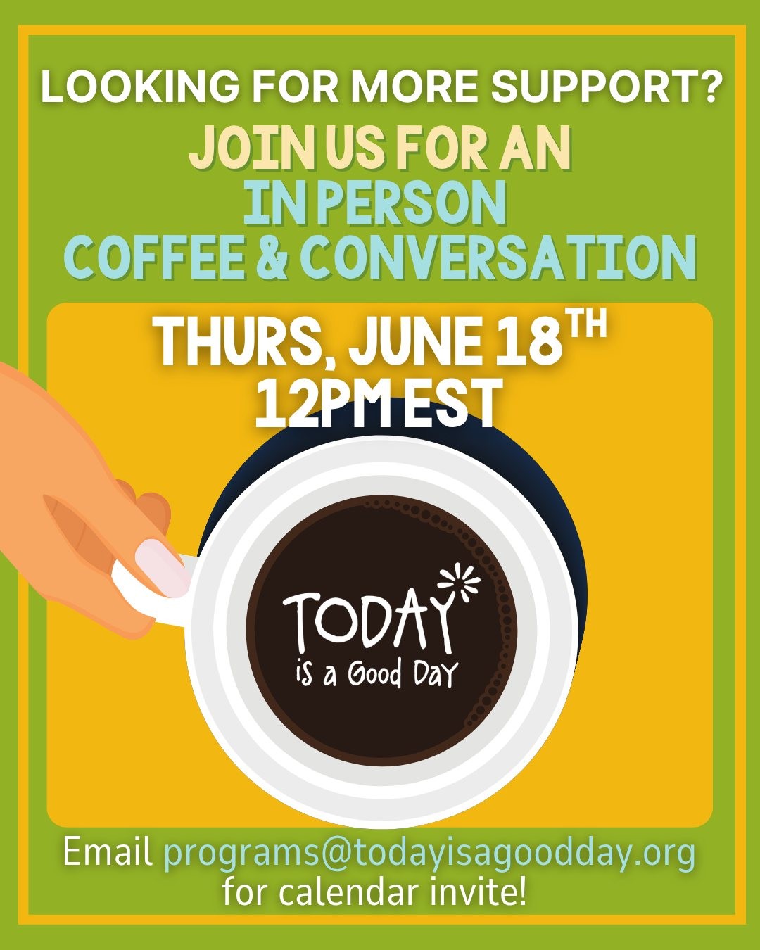 ☕ TOMORROW: Coffee & Conversation ☕
Join us tomorrow, Thursday, June 18 at 12:00 PM for Coffee & Conversation, a welcoming space for anyone who has experienced the NICU—whether your journey is current or in the past.
Connect with other NICU families, share experiences, find support, and build community in a relaxed setting. 💚
📍 In Person: TIAGD HQ
1511 Bethlehem Pike, Flourtown, PA
👶 Children are welcome!
To receive the calendar invitation and meeting details, please email programs@todayisagoodday.org.
#nicusupport #nicu #nicutoday