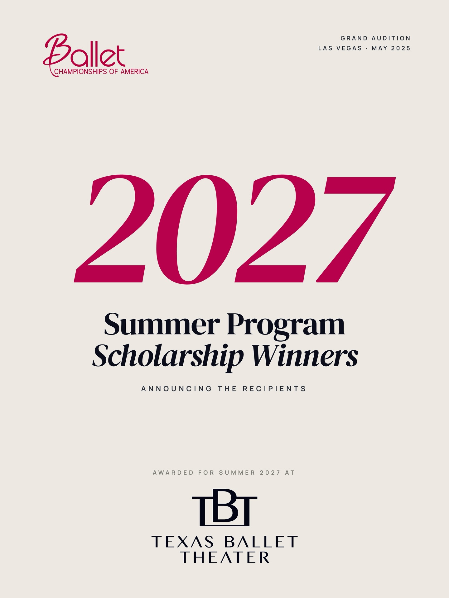 Congratulations to our 2027 Texas Ballet Theater Summer Program Scholarship Recipients. @txballettheater @tbtschool
Ballet Championships of America is honored to celebrate these dancers, recognized through the BCA Grand Audition in Las Vegas and selected for scholarship opportunities with Texas Ballet Theater.
These awards represent each dancer’s hard work, discipline, artistry, and potential. We are proud to help create opportunities where young dancers feel seen, supported, and connected to leading training programs across the country.
Summer Intensive Scholarship Recipients
Amelia Nolan
Arya O’Donnell
Autumn Joyner
Dean Johnsey
Gia Cai
Josephine Hatton
Layla Naldoza
Maggie Chen
Scarlett Pruemer
Sedona Blankstein-Ottloski
Sophia Tang
Violet Schlomberg
Professional Training Division Recipients
Alina Djordjevic
Autumn Joyner
Josephine Hatton
Maggie Chen
Sophia Tang
Violet Schlomberg
Pas de Deux Workshop Full Scholarship Recipient
Dean Johnsey
A heartfelt thank you to Texas Ballet Theater, Tim O’Keefe, and the artistic and faculty teams for making these scholarships possible and for supporting the next generation of dancers.
We are proud of every recipient and cannot wait to see where this opportunity takes you.
BCA helps dancers feel seen & supported.