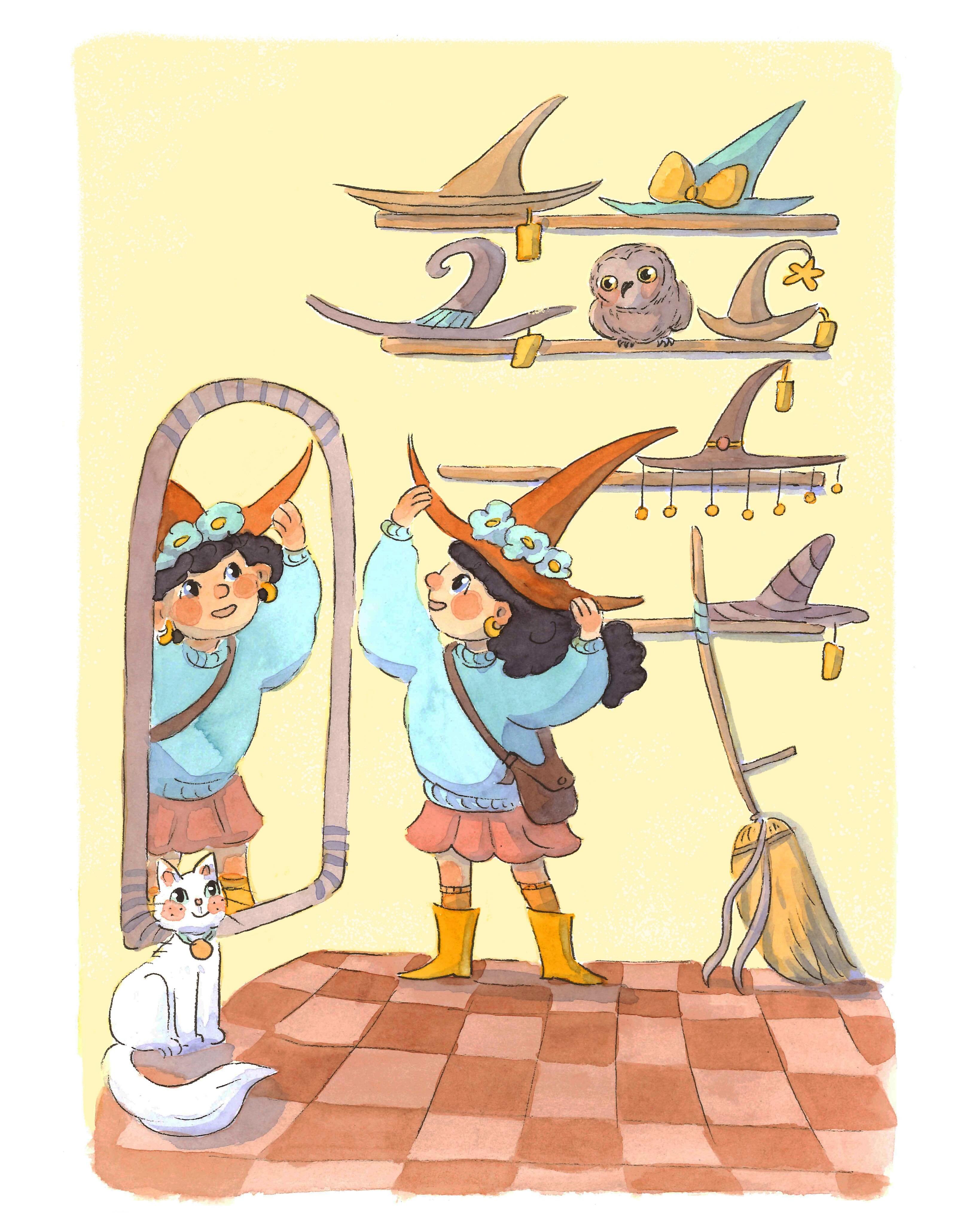 The Witch’s Hat first spread 🥹💖🌸.
A little mock up project of a little witch who heads out to get her very first perfectly fitted witch’s hat.
But on the way home something goes terribly wrong. 🤭😬
Can you find her companions?
Made with watercolors.
#watercolorchallenge #characterchallenge #cosycore #autumniscoming #halloweenillustration