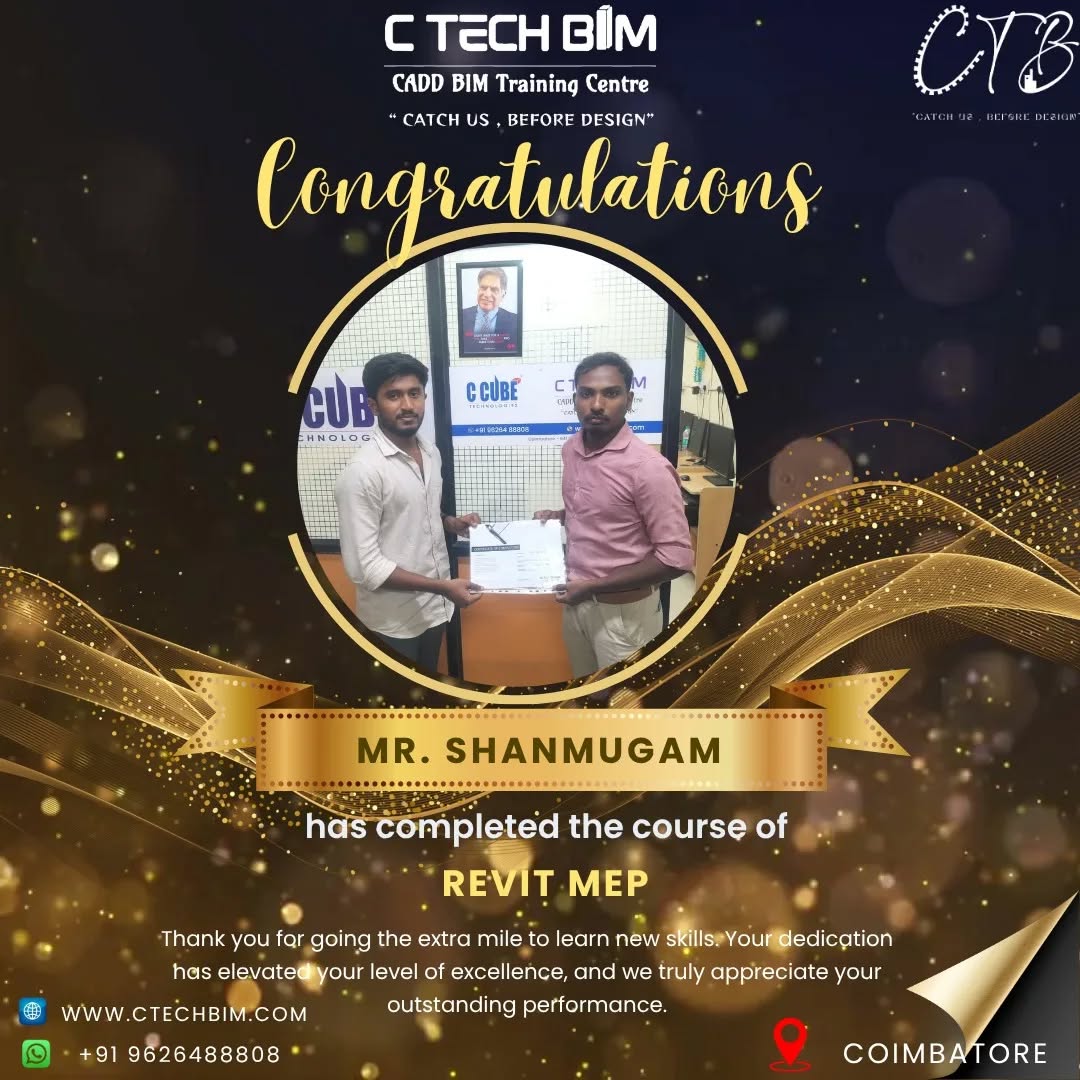 ctechbim 🎉Congratulations Mr. Shanmugam!🎉
🤝We are proud to announce that you have successfully completed the Revit MEP course at C TECH BIM Training Centre👏
Your dedication, hard work, and commitment to learning new skills truly inspire us. Wishing you great success in your career ahead✈️
💡Upgrade your skills with industry-leading software training!
📍Coimbatore
📞+91-9626488808
🌐www.ctechbim.com
#CTechBIM #autocad #studentsucces #congratulations #ctechbim