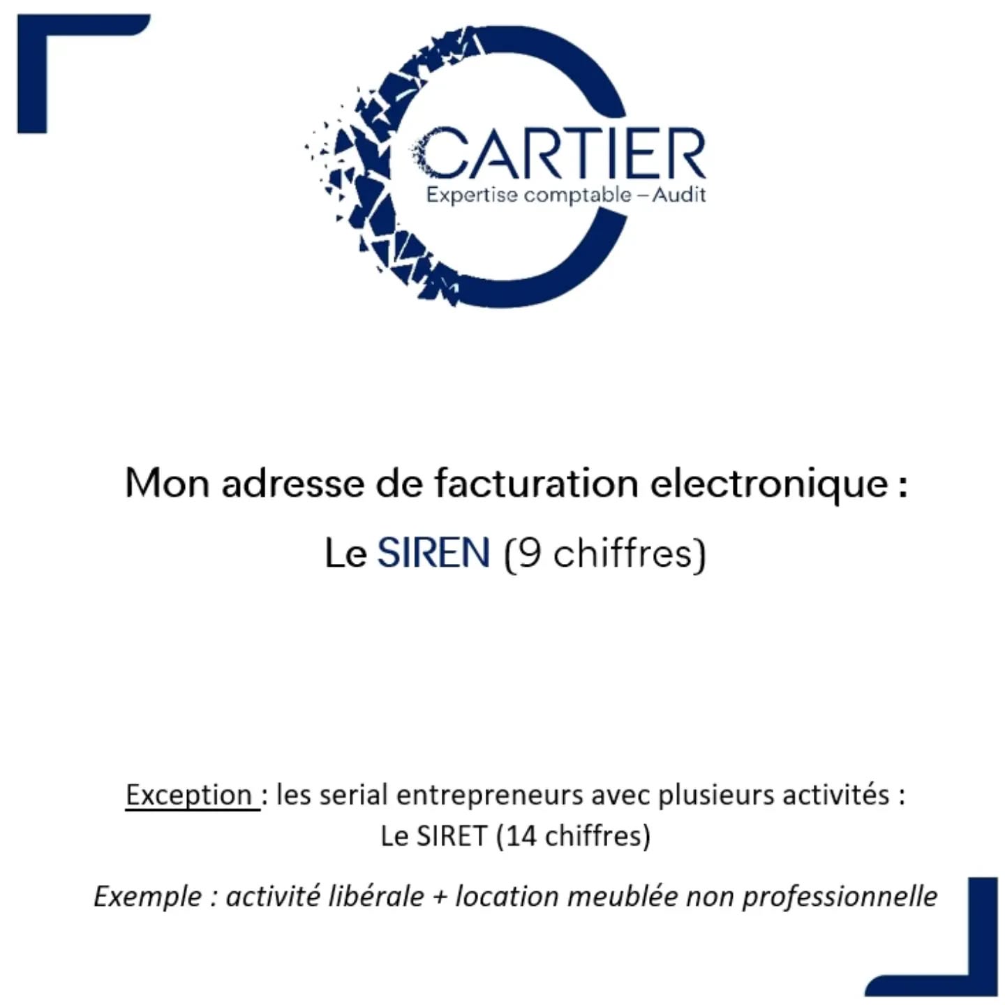 📫 La réforme de la facturation electronique arrive a grand pas !
De nombreux fournisseurs demandent "l’adresse de facturation electronique" ou votre "adresse de routage".
Avec Pennylane, votre plateforme agréée, c’est facile :
✅️ C’est votre SIREN, le numéro d’identité de votre structure
❌️ Ce n’est pas une adresse e-mail
⚠️ C’est votre SIRET, le numéro d’identité de votre établissement, si vous êtes un "serial entrepreneur" avec plusieurs activités.
📊 Votre expert-comptable vous accompagne dans vos démarches
#cartierexpertise #madamebnc