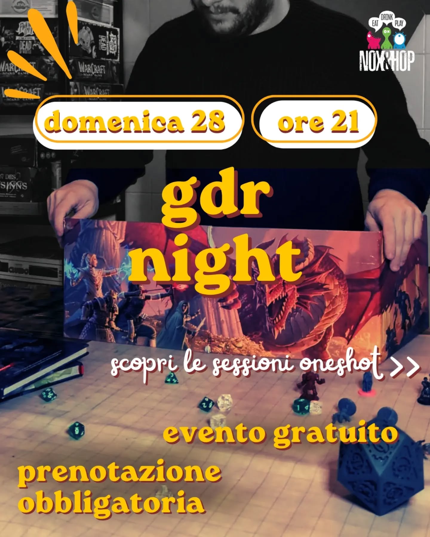 🎲 GdR night al Nox!
Vieni a giocare sessioni oneshot sempre diverse, con avventure originali e master appassionati!
Scorri il post per vedere alcuni dettagli delle sessioni del mese
Si gioca a:
Scion 🌬️ Le lacrime della Nereide 🔱
ShadowDark ⚔️ Le rovine del generale immortale 🛡️
INFO UTILI
🗓️ Domenica 28 giugno
🕒 dalle 21 alle 23 circa
📲 Prenotazione obbligatoria in DM o su WhatsApp al 351 694 1458
🔥 Evento gratuito
👥 Posti limitati
👉🏻 Le sessioni sono adatte anche a principianti, ti spieghiamo tutto noi!