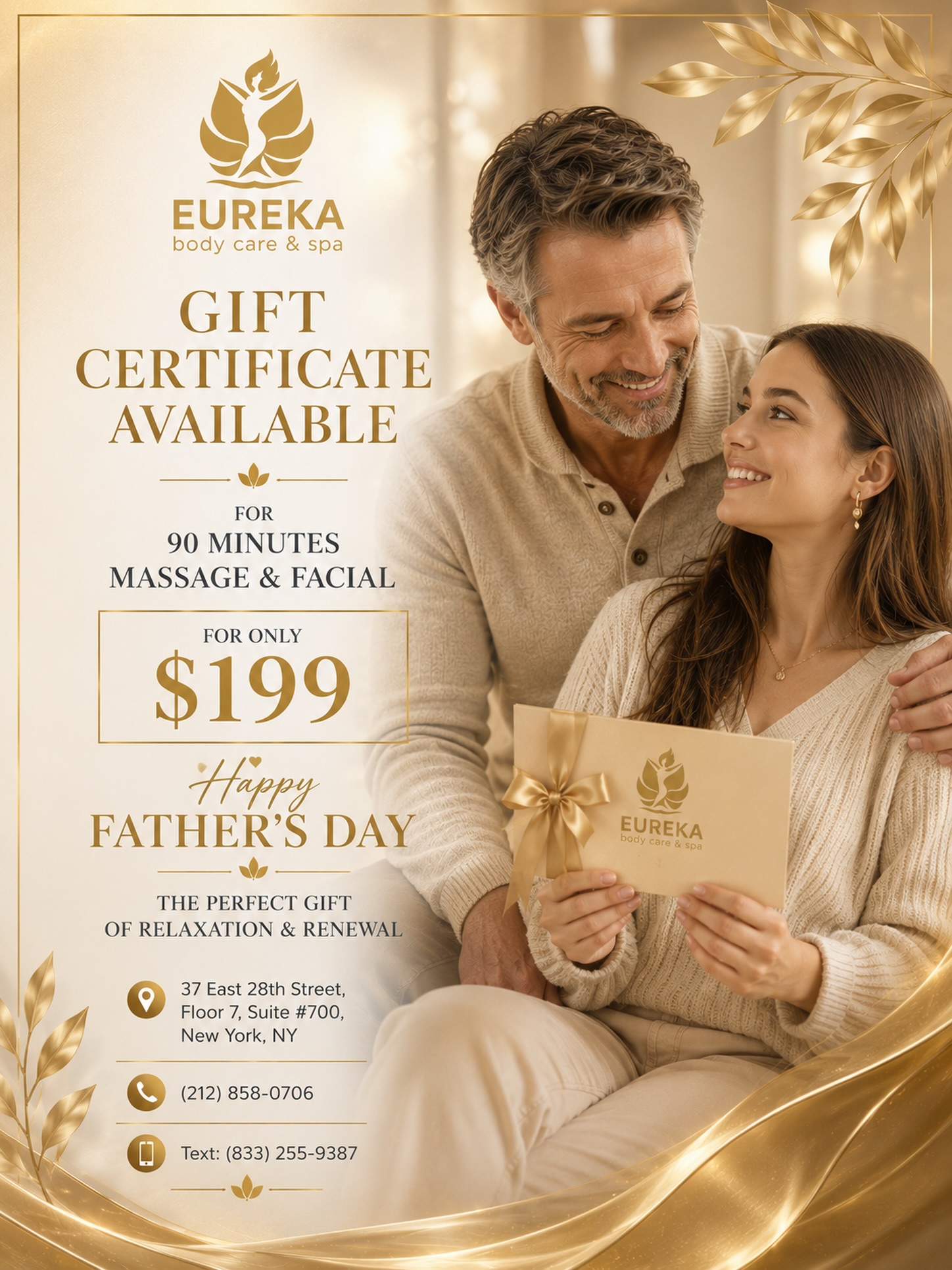 ✨ A gift that says “Thank you, Dad.”
This Father’s Day, give the gift of relaxation, self-care, and well-deserved time to unwind.
🎁 Gift Certificate Available
💆 90-Minute Massage & Facial
✨ Special Price: $199
Whether it’s from a daughter, son, wife, or family, this is a thoughtful way to show appreciation for everything he does.
Because dads deserve to feel refreshed, valued, and cared for too.
📍 37 East 28th Street, Floor 7, Suite #700, New York, NY
📞 (212) 858-0706
📱 Text: (833) 255-9387
#FathersDay #GiftCertificate #MassageNYC