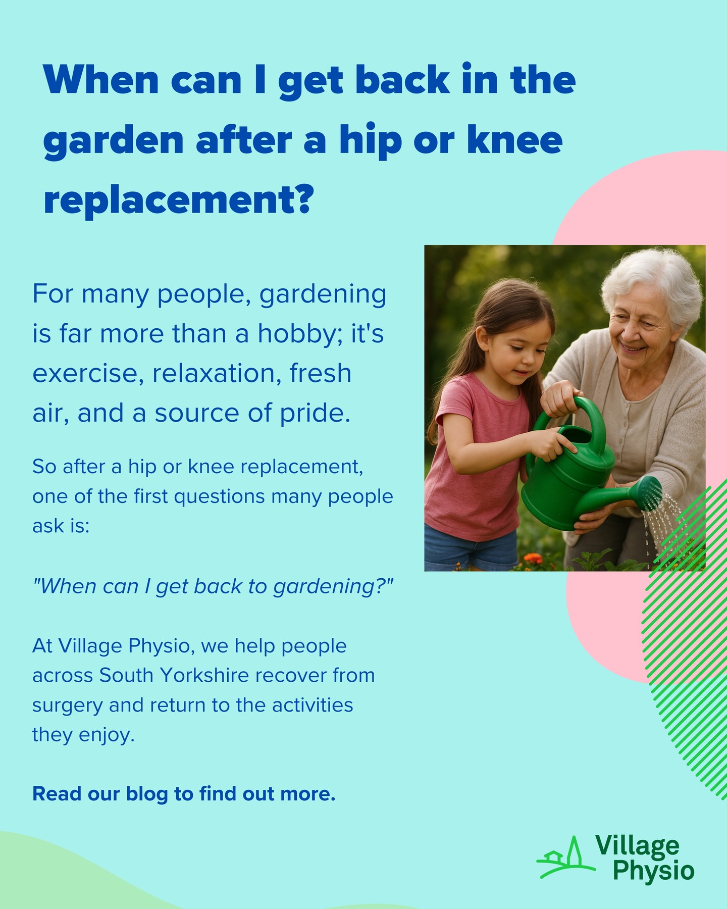 What's the first thing you would like to get back to after a hip or knee replacement?
For many people, it's gardening.
Read our latest blog to find out when it's usually safe to return to the garden after surgery: https://www.villagephysio.org/post/gardening-after-a-hip-or-knee-replacement