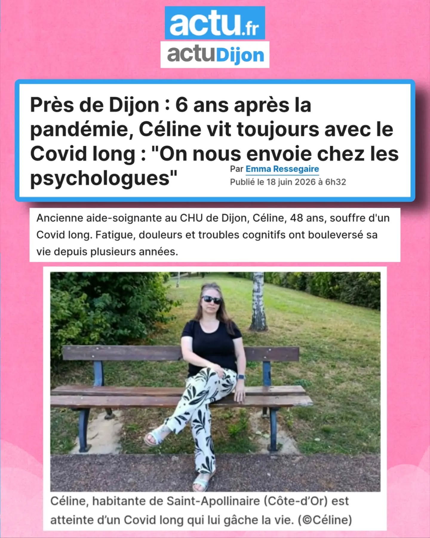 🗣️Le témoignage de Céline rappelle une réalité que trop de personnes malades connaissent : l’errance médicale, le manque de reconnaissance, et parfois cette réponse trop facile qui consiste à renvoyer vers le psychologique quand la médecine n’apporte pas encore de solution.
Non, le #CovidLong n’est pas « dans la tête ».
Non, les malades ne demandent pas de la compassion : ils demandent des soins, de la recherche, une vraie prise en charge et le respect de leur parole.
Derrière chaque malade, il y a une vie bouleversée, une famille impactée, des projets interrompus.
Nous continuerons à porter la voix de celles et ceux qui refusent l’invisibilisation.
👉 Reconnaître le #CovidLong, c’est reconnaître les malades.
👉 Soigner, accompagner, chercher : c’est une urgence !
Merci à Céline pour ce témoignage !
#ApresJ20 #Patients #Santé Recherche @actu.fr_officiel
https://actu.fr/bourgogne-franche-comte/saint-apollinaire_21540/pres-de-dijon-6-ans-apres-la-pandemie-celine-vit-toujours-avec-le-covid-long-on-nous-envoie-chez-les-psychologues_64415293.html?at_content=photo&at_term=actudijon&at_campaign=facebook&at_medium=Social&at_source=nonli