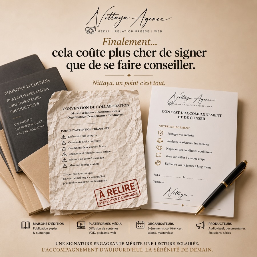 Finalement…
Cela coûte parfois plus cher de signer
que de se faire conseiller.
Depuis quelque temps, je vois des auteurs, praticiens et entrepreneurs s’engager dans des projets avec enthousiasme.
Une maison d’édition.
Une plateforme média.
Un partenariat.
Une formation.
Et parfois, quelques semaines plus tard :
« Je n’avais pas compris cette clause. »
« Je pensais que c’était inclus. »
« Je croyais conserver mes droits. »
Je ne suis pas avocate.
En revanche, j’ai une vieille habitude professionnelle :
poser des questions.
Beaucoup de questions.
Et rédiger des compte-rendus.
Parce qu’une parole donnée a longtemps suffi.
Parce qu’une poignée de main engageait.
Aujourd’hui, les interprétations divergent parfois plus vite que les souvenirs.
Alors je lis.
Je questionne.
Je reformule.
Je documente.
Non par méfiance.
Par responsabilité.
Protéger ses intérêts n’est pas un manque de confiance.
C’est une preuve de maturité.
Nittaya, un point c’est tout.