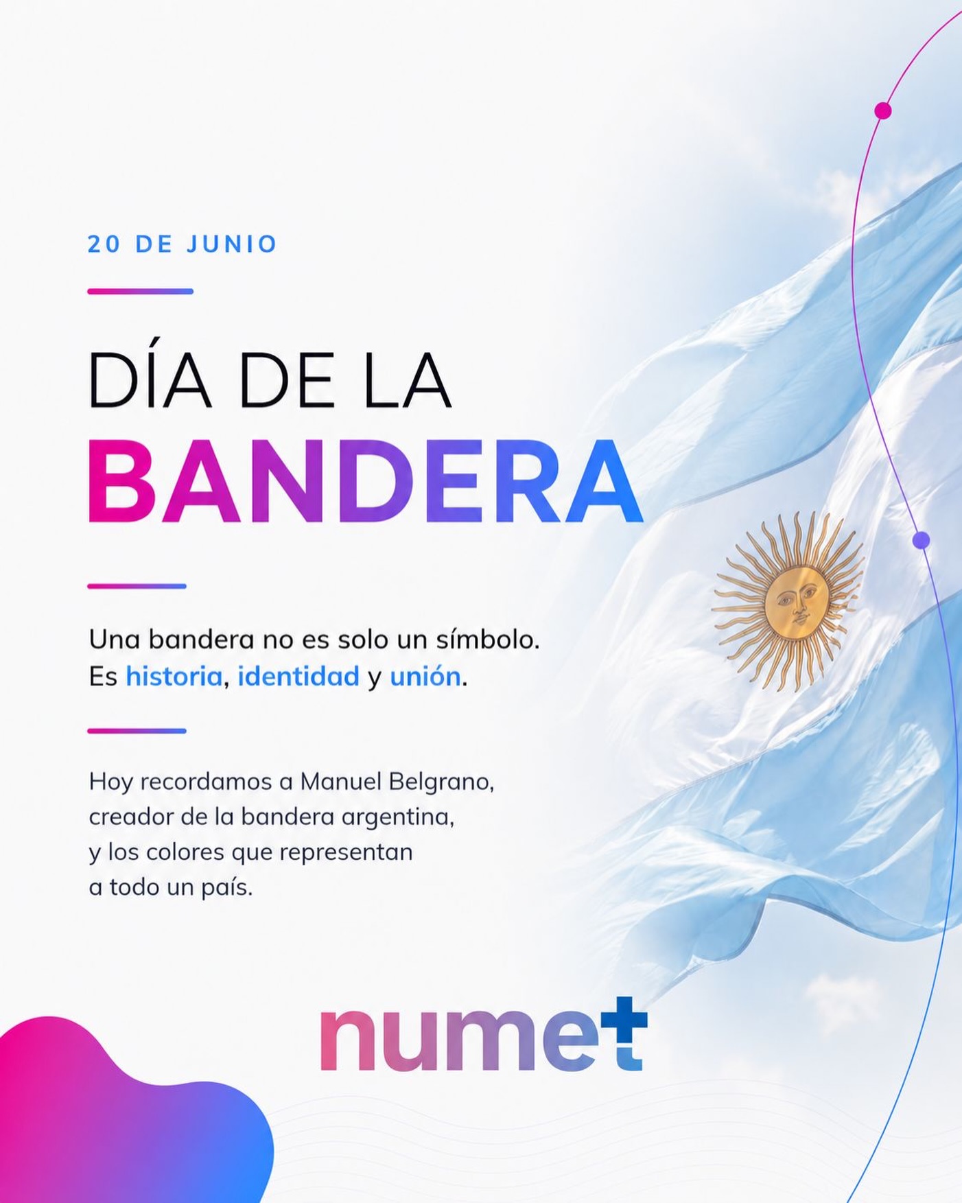 20 de junio | Día de la Bandera 🇦🇷
Hoy recordamos a Manuel Belgrano y a uno de los símbolos más importantes de nuestra identidad.
La bandera argentina representa historia, unión y pertenencia.
También nos recuerda que detrás de cada proyecto, cada institución y cada comunidad, hay valores que se construyen todos los días.
Desde Numet, acompañamos esta fecha con respeto y orgullo.
Feliz Día de la Bandera. 🇦🇷
#DíaDeLaBandera #20DeJunio #Argentina #ManuelBelgrano #IdentidadArgentina Numet