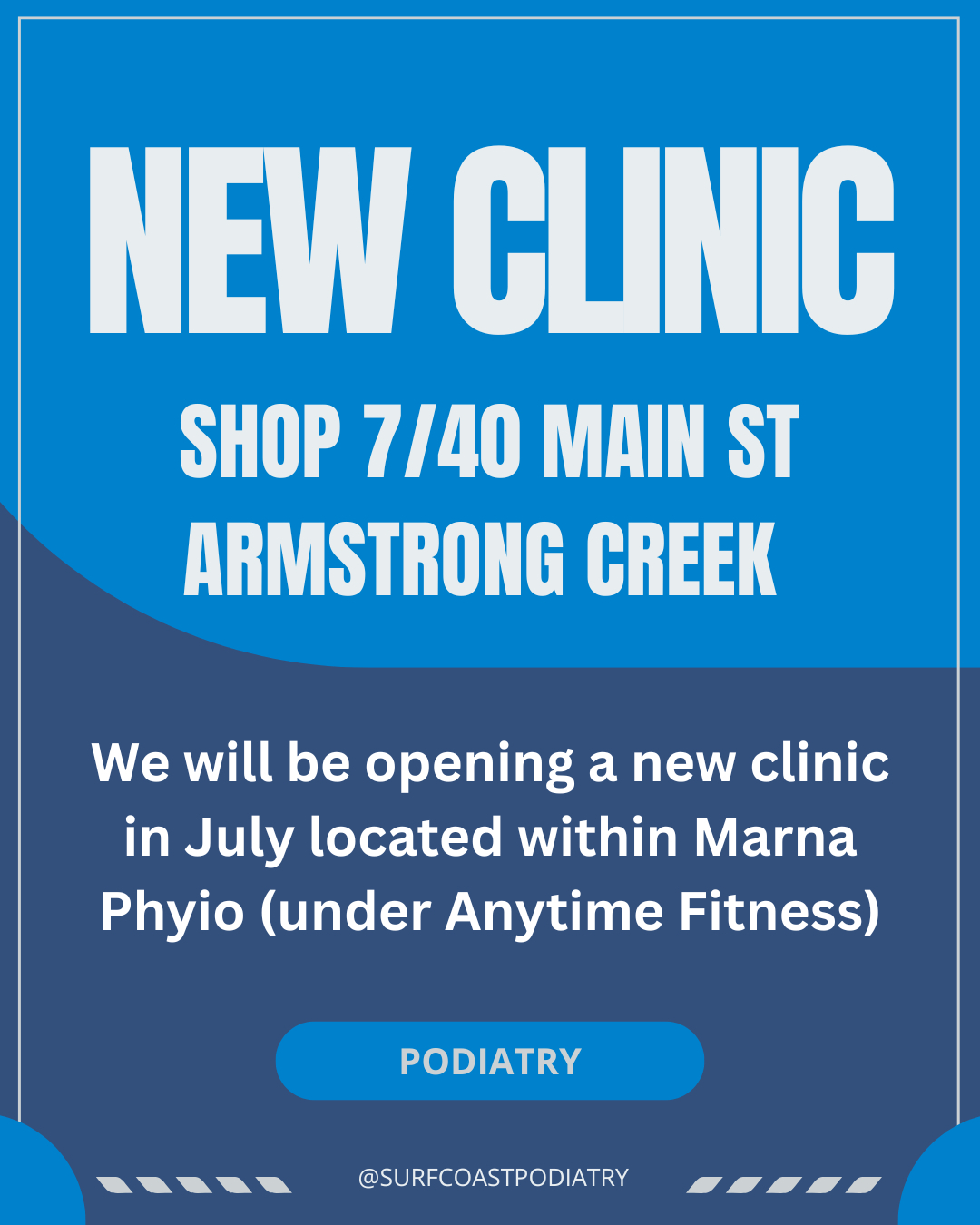 We’re thrilled to announce that Surf Coast Podiatry is expanding! 💙
From July, we’ll be opening our third clinic at Armstrong Creek Town Centre, making it even easier to access expert foot care across the region.
📍 You’ll find us at:
Shop 7/40 Main Street, Armstrong Creek
Located within Marna Physio, underneath Anytime Fitness.
Our new location joins our existing clinics in Torquay and Ocean Grove, allowing us to continue providing quality podiatry care to even more local families.
We can’t wait to welcome you through the doors and help keep you moving comfortably.
Stay tuned for opening dates and appointment details! 👣