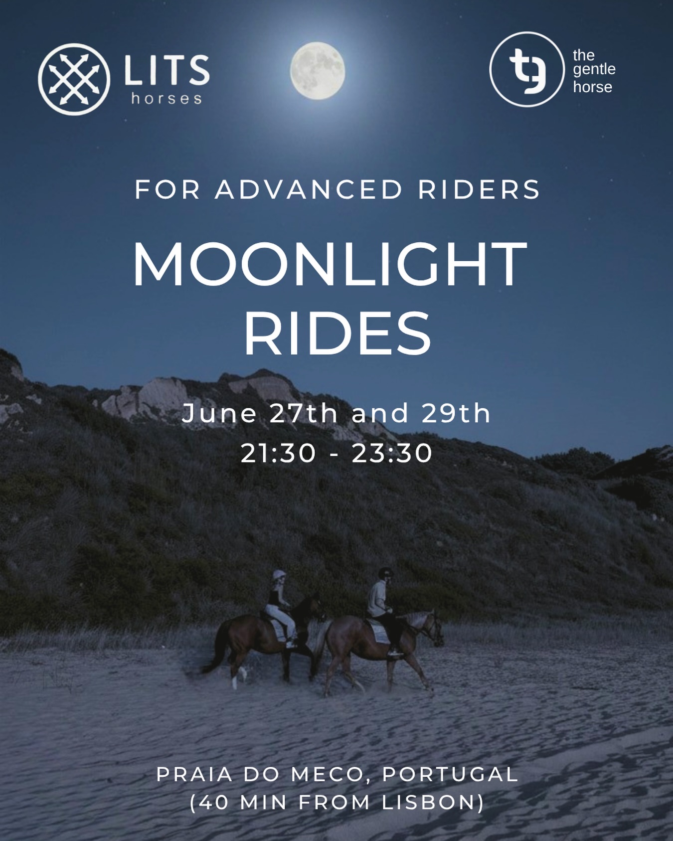 Moonlight Rides for advanced riders 🌕
Next dates: June 27th and 29th
🕤 21:30 - 23:30
Designed for experienced riders, this night ride takes you through forest and along the beach under the light of the full moon. The path is naturally illuminated, the surroundings quiet, and the connection with your horse feels more focused and instinctive. A simple, powerful way to experience the landscape after dark. ✨
📍 Praia do Meco
🌐 Bookings & details: litshorses.com or send us a DM 🙏