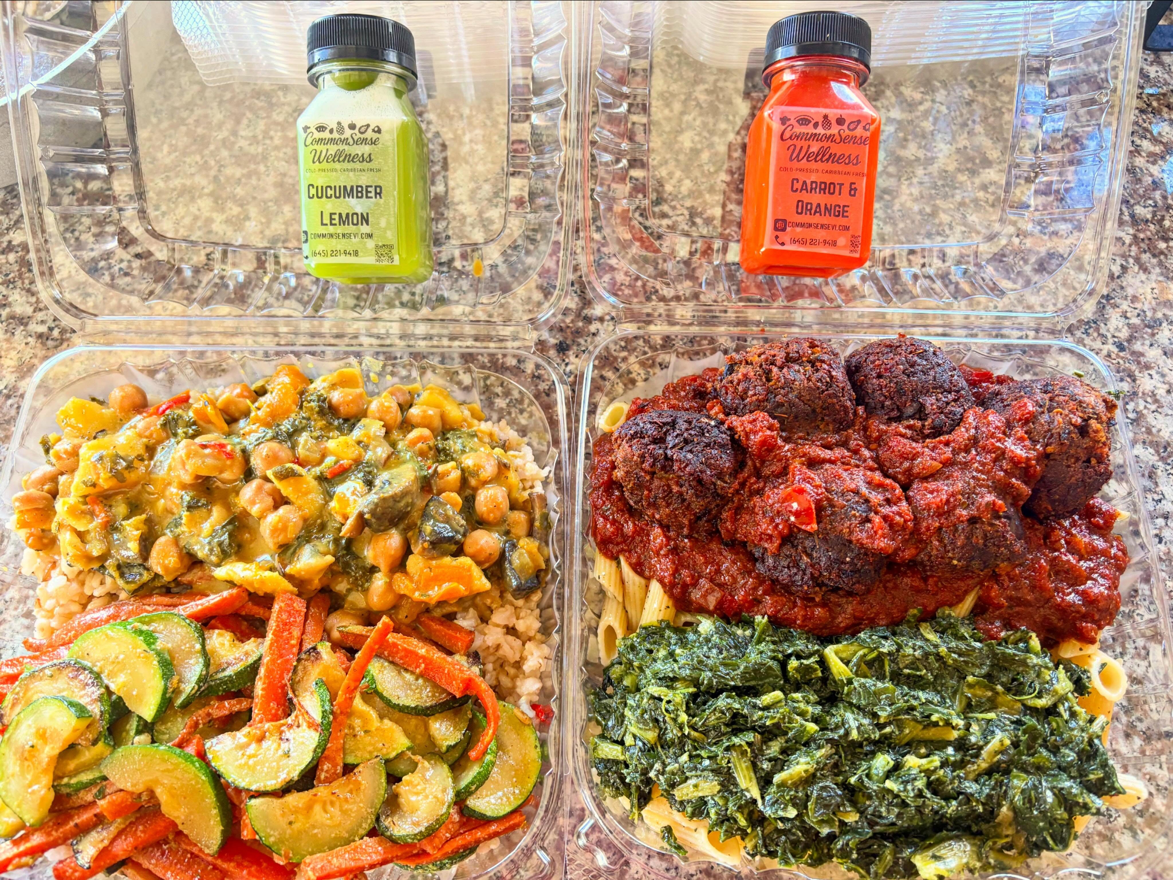 Coconut Curry Chickpea Stew
Brown Rice
Sautéed Zucchini & Carrots
Vegan Meatballs w/Chunky Marinara
GF Penne Pasta
Sautéed Spinach and Turnip Greens
@CommonSenseDrinks Wellness Shots
We are still currently temporarily closed for pop ups but will be back soon 👩🏿🍳🌱❤️
#EatwithCommonSense #HealthisWealth #VeganMealPrep #CommonSenseDrinks #CommonSenseWellness