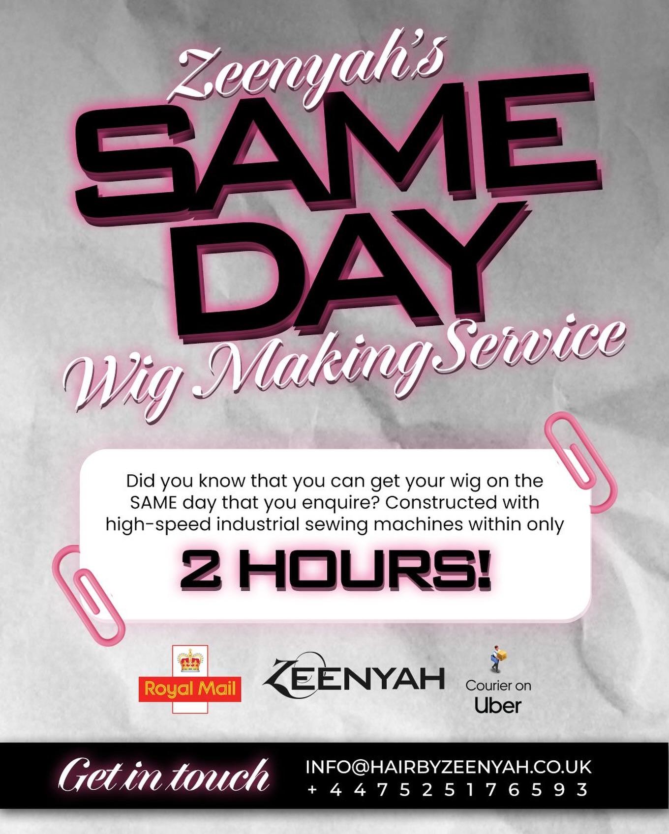 ✨ LONDON, DID YOU KNOW? 👀
Need a custom wig TODAY? We’ve got you covered! 💕
At Hair by Zeenyah, we offer a same-day wig making service, with professionally machine-constructed wigs ready in as little as 2 HOURS! ⚡️
📍Based in Wembley, North West London, we’re perfectly located for local collections, Uber Courier deliveries across London, and Royal Mail delivery nationwide.
Whether it’s a last-minute event, a new install, or you simply can’t wait, we’re here to make it happen.
💌 Send us a DM or email to book your slot, same-day availability is limited!
📍Wembley, North West London
🚗 Collection • 🚚 Uber Courier • 📦 UK Delivery
-
#samedaywig #wigservices #fastwigservice #wigconstruction #frontalwiginstall