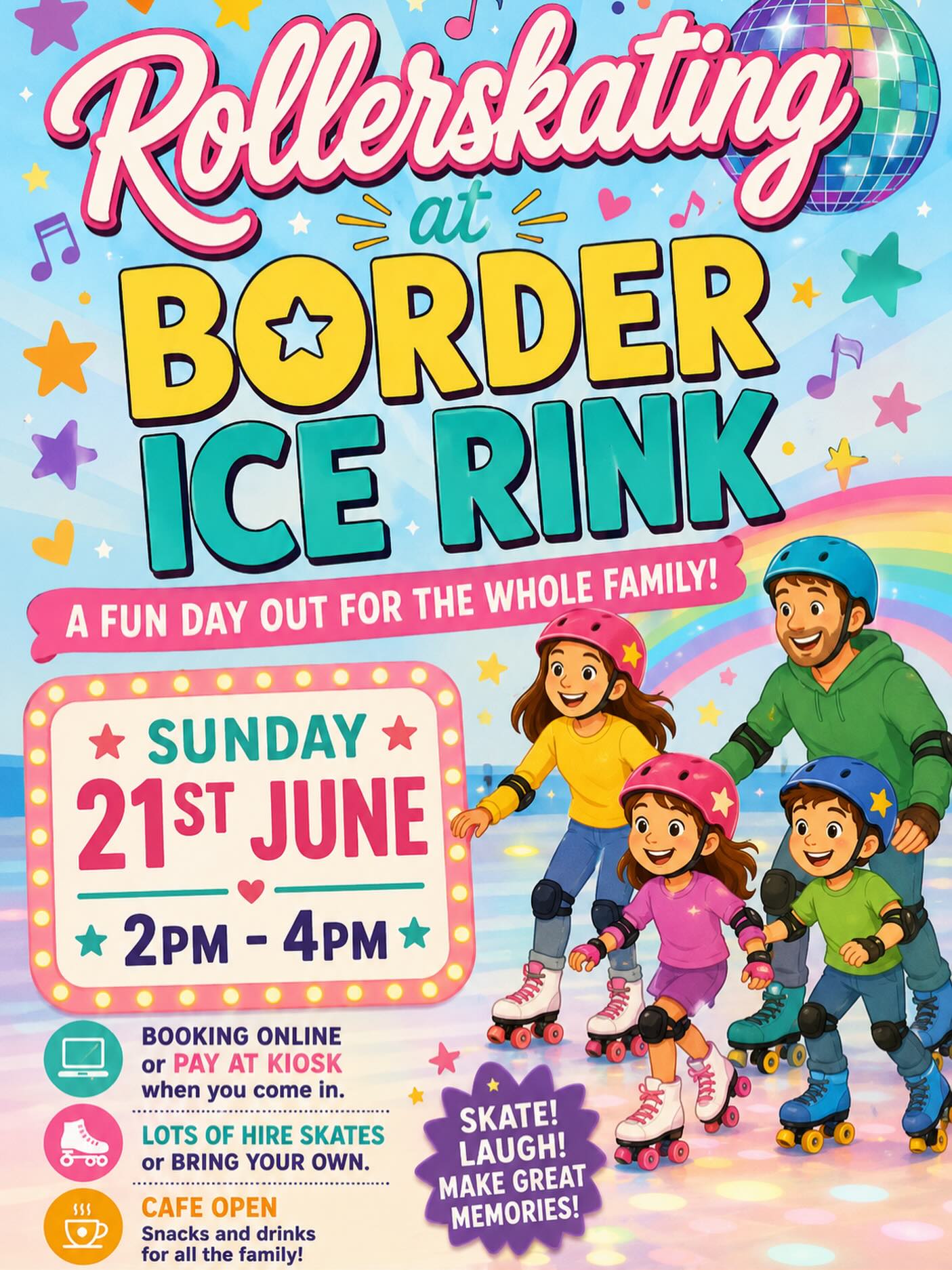 🎉🛼 FAMILY ROLLERSKATING DISCO 🛼🎉
Looking for a fun family day out? Join us at Border Ice Rink for an afternoon of rollerskating, music, laughter, and great memories!
📅 Sunday 21st June
🕑 2:00pm – 4:00pm
📍 Border Ice Rink
✨ Fun for all ages
🛼 Hire skates available or bring your own
🎶 Family-friendly music and disco atmosphere
☕ Café open for drinks, snacks, and treats
🎟️ Book online or pay at the kiosk on arrival
Bring the kids, grandparents, friends, and neighbours for an afternoon of skating fun!
#BorderIceRink #RollerSkating #FamilyFun #FamilyDayOut #Kelso ScottishBorders RollerDisco SkatingFun WeekendActivities FamilyEvents LetsRoll GoodTimes
Suggested Facebook Caption:
🌈 Looking for something fun to do with the family this June?
Join us for our Family Rollerskating Disco on Sunday 21st June, 2pm–4pm at Border Ice Rink! 🛼✨
Whether you’re a seasoned skater or trying it for the first time, everyone is welcome. With great music, skate hire available, and our café open throughout the session, it’s the perfect way to spend a Sunday afternoon.
🎟️ Book online or pay when you arrive.
Tag someone who should come skating with you! 👇💜🛼
BorderIceRink FamilyRollerDisco KelsoEvents FamilyFun RollerSkating ScottishBordersEvents