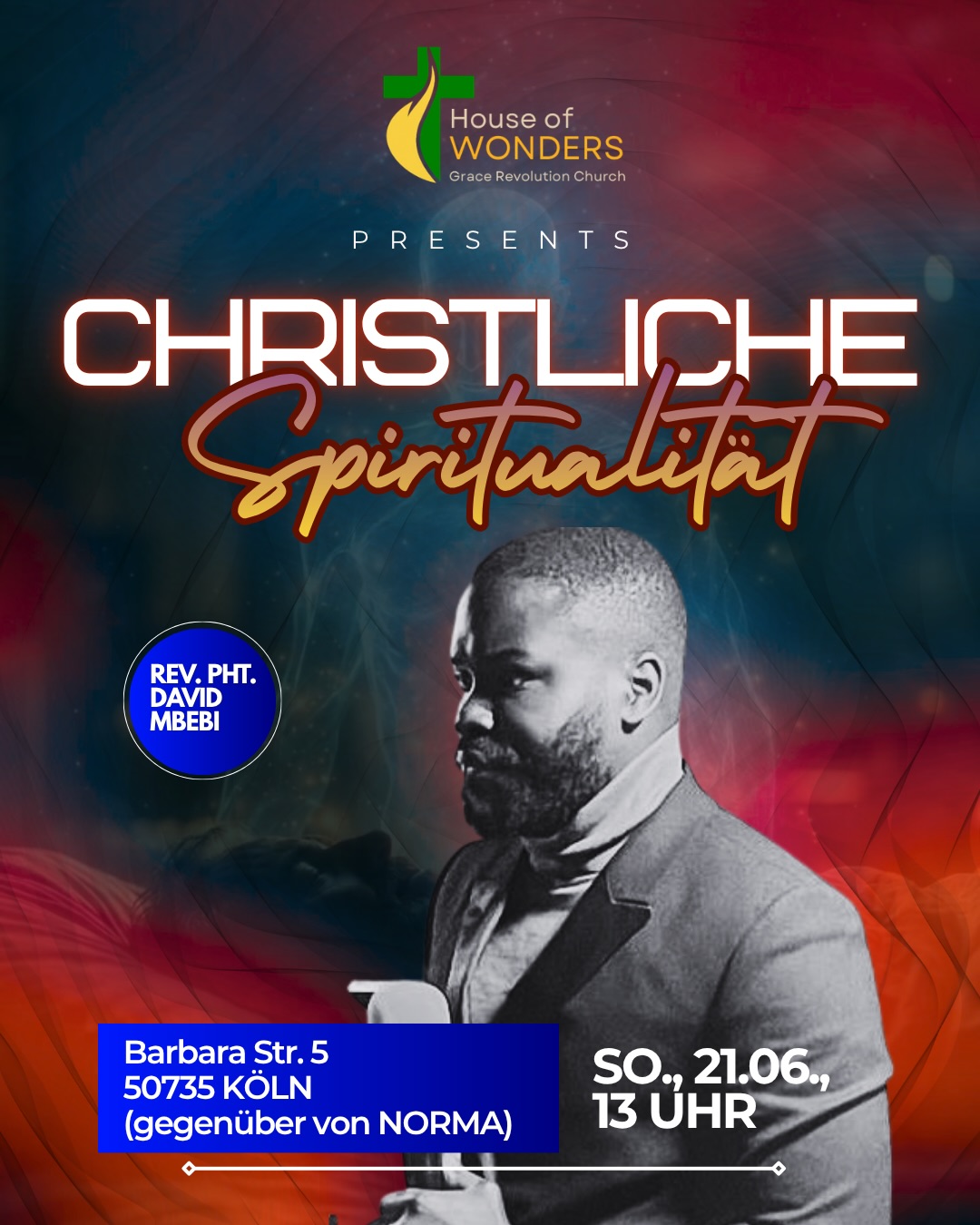 🔥CHRISTLICHE SPIRITUALITÄT MIT REVEREND DAVID MBEBI
Jeder spricht über Spiritualität.
Aber nur wenige fragen:
Welche Spiritualität?
Nicht alles, was spirituell aussieht, kommt von Gott.
Diesen Sonntag sprechen wir über die Wahrheit hinter echter christlicher Spiritualität.
Keine Trends.
Keine Religion.
Keine Oberfläche.
Nur Wahrheit.
📅 21.06.2026
⏰ 13:00 Uhr
📍 Köln
🚨 Anmeldung:
www.grchouseofwonders.org