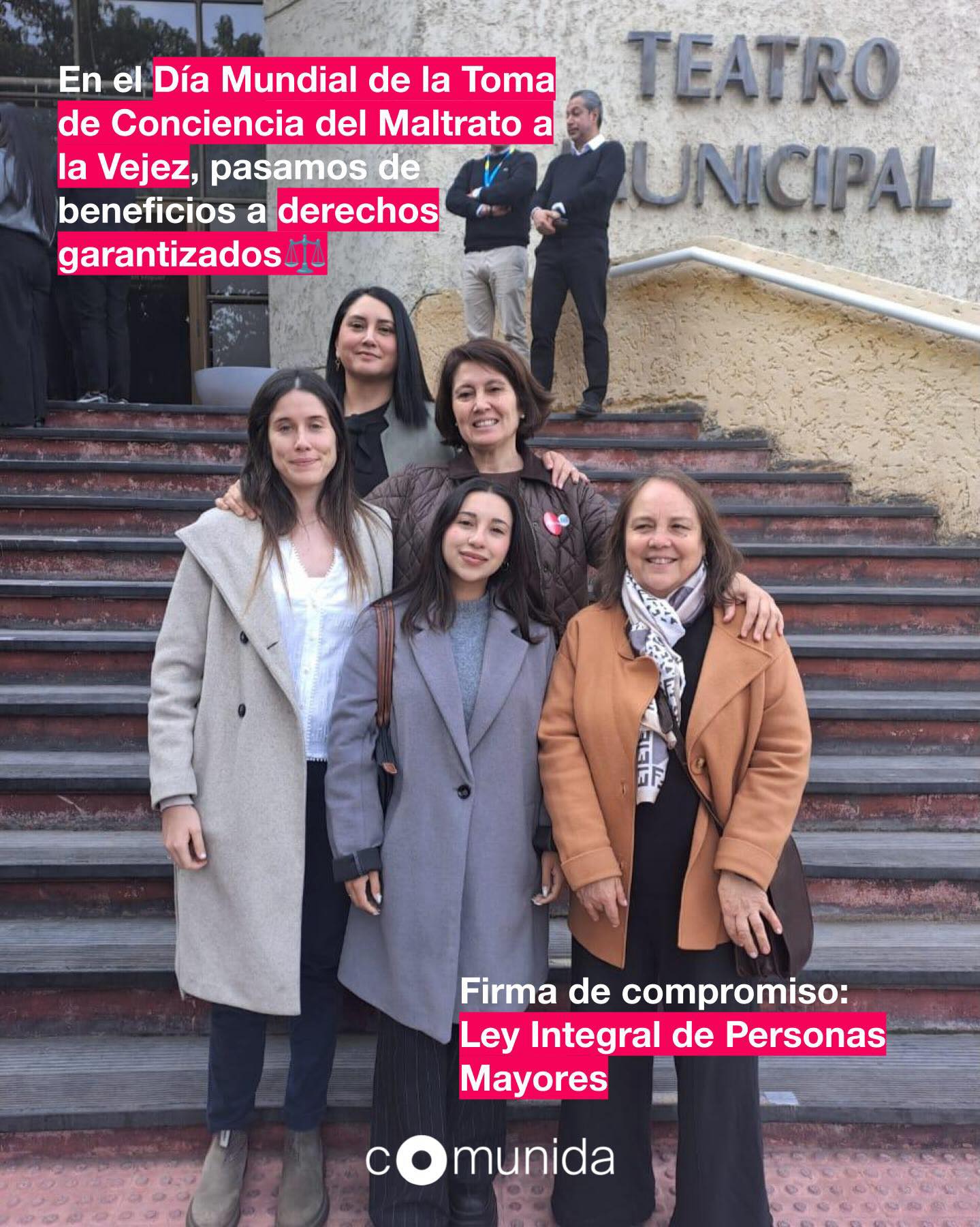 ¡Un paso histórico por la dignidad de nuestras personas mayores! 🕊️✨
En el marco del Día Mundial de la Toma de Conciencia del Maltrato a la Vejez, estuvimos presentes en la firma del compromiso del Gobierno para la implementación de la Ley Integral de Personas Mayores y Promoción del Envejecimiento Digno, Activo y Saludable.
Como Fundación, nos llena de orgullo ser testigos de este cambio de paradigma: pasamos de un enfoque centrado en “beneficios” a un sistema de derechos garantizados para todas las personas mayores de 60 años.
Fue un honor participar junto a las organizaciones que integran la mesa de personas mayores de @comunidadorg compartiendo este hito junto a nuestras amigas de @hogardecristo_chile @fundacion_grandes @fundacion_revivir y @conectamayor ¡La unión hace la fuerza en este camino hacia un envejecimiento digno!