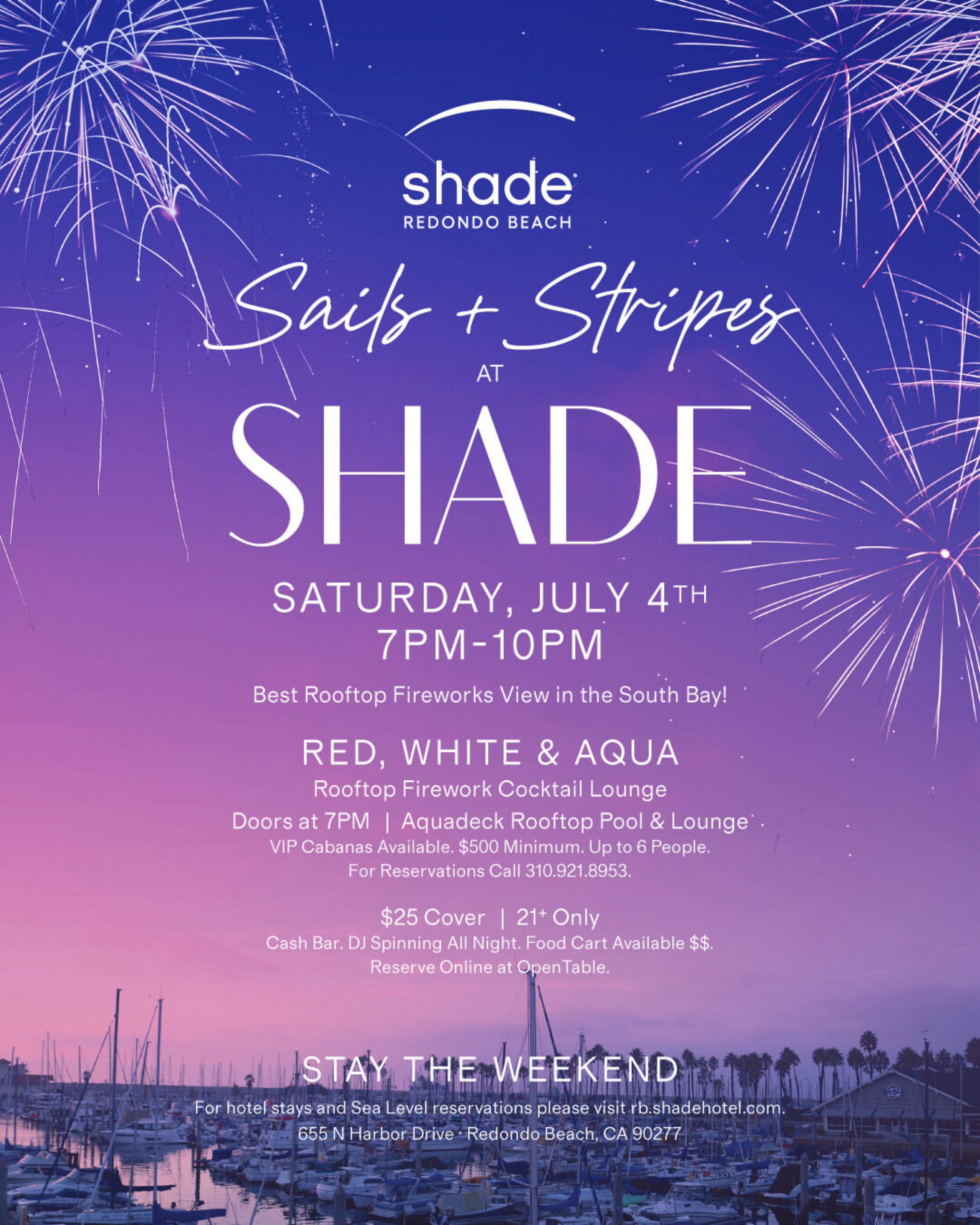 Pick your rooftop perch for July 4th Fireworks at Shade Redondo Beach✨🇺🇸
📍 July 4 | 7PM–10PM
🎟️ $25 Admission | 21+
Celebrate the Fourth of July poolside on the Aquadeck at @shadehotelrb with panoramic views of the South Bay’s fireworks, a live DJ soundtrack, cocktails flowing, bites from the food cart, and the best seat in town.
VIP cabanas are available for those looking to take the night up a notch. Call 310.921.8953 to reserve.
Space is limited. Reserve your spot and celebrate on the best rooftop in the South Bay! #visitikingharbor
#shaderedondo
#kingharbor