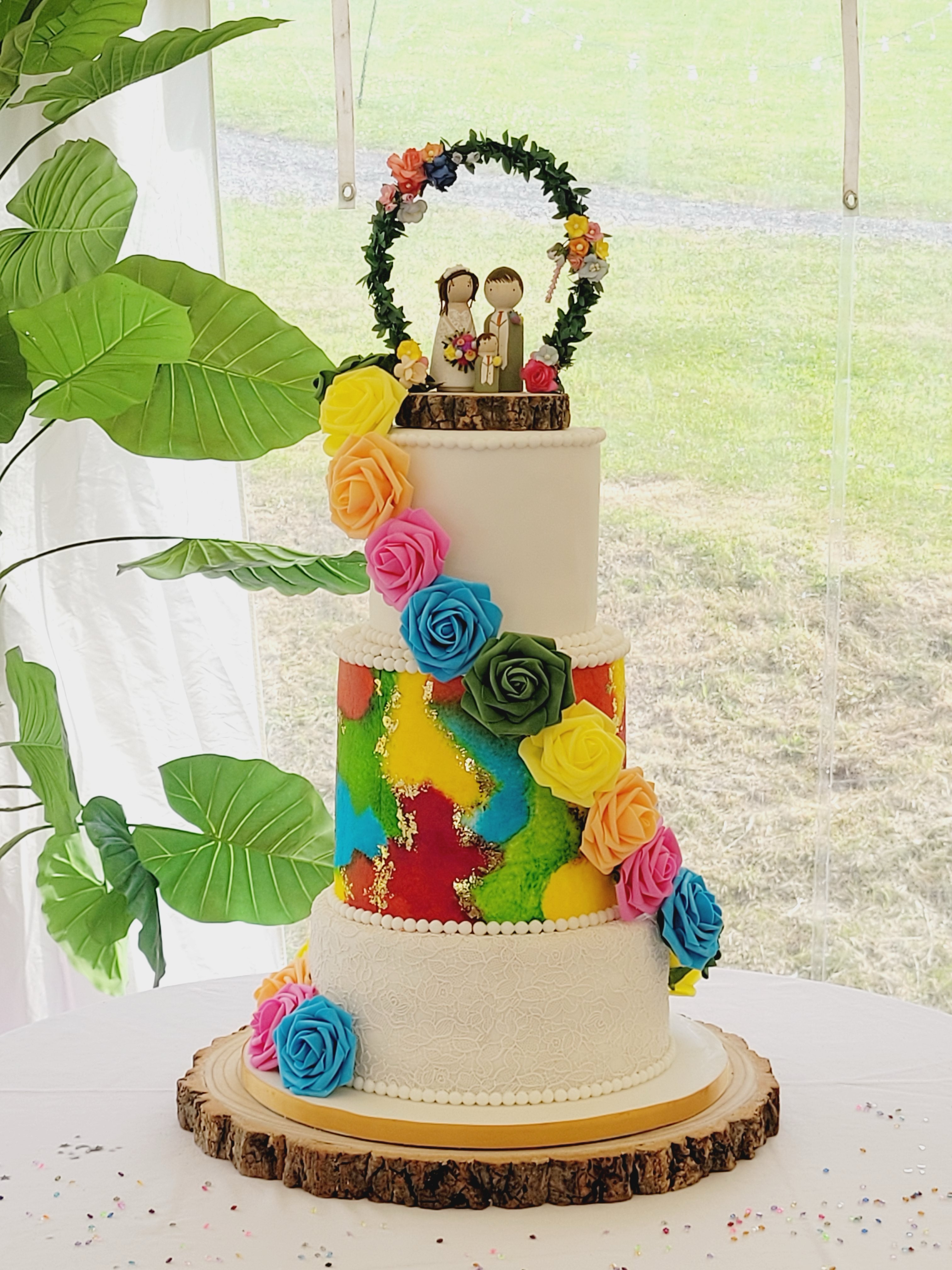 @clawddoffafarm today setting up 3 tier wedding cake. Cake lace covered bottom tier, hand painted water coloured middle tier with gold leaf and simple top tier.
A beautiful setting today at the farm on a fabulous sunny day for the bride and groom.
#weddingcakes #northwaleswedding #cakedesign #weddingcakedesign
Shout out to 📣
Cake topper by @twokissingfish
Cake lace created with @the_cake_decorating_co
Colours @rainbow_dust_colours w
Sugar paste @couturesugarpaste