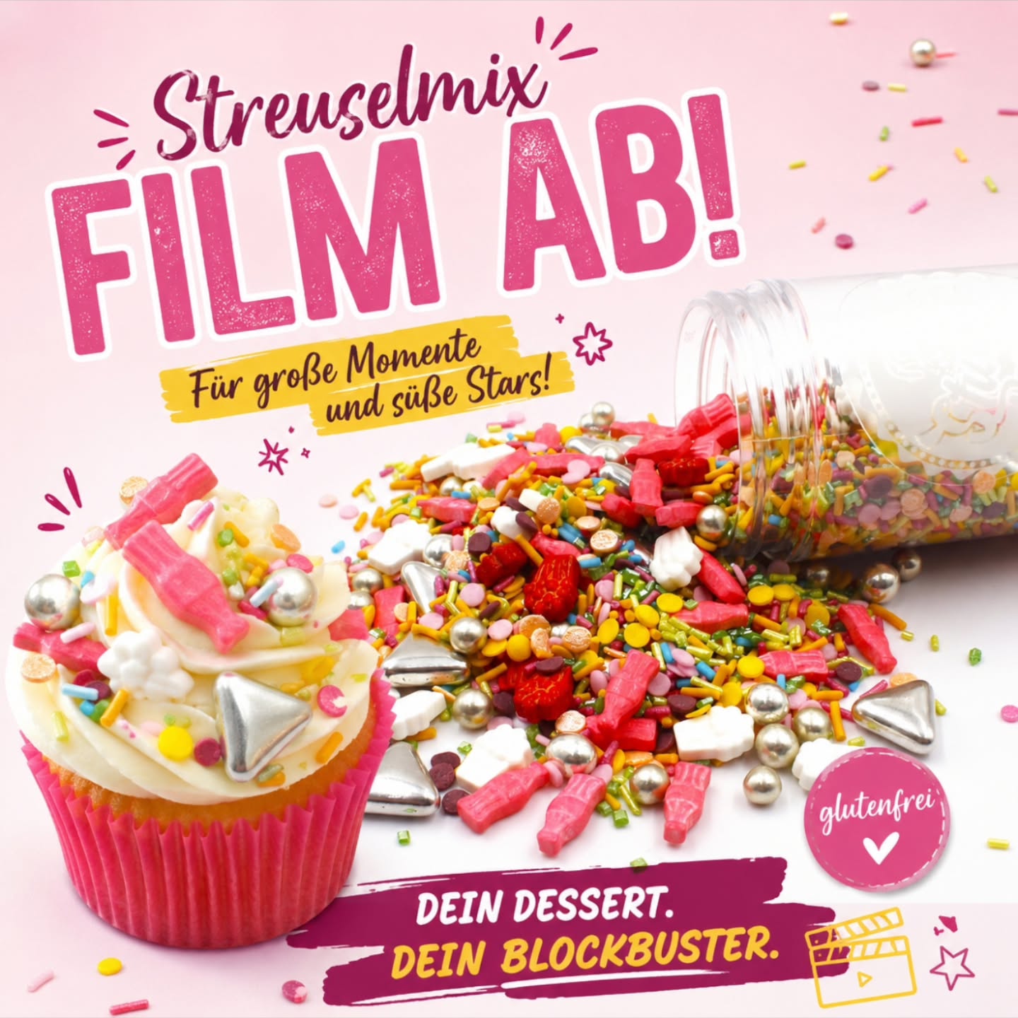 🎬✨ Film ab für den Streuselmix „Film ab!“ ✨🎬
Mach aus Cupcakes, Torten, Cookies und Desserts echte Stars auf dem roten Teppich! Mit bunten Streuseln, schimmernden Perlen und coolen Film-Motiven wird jede Kreation zum Hingucker. 🍿🧁🌟
Und das Beste: glutenfrei ❤️
Welches Gebäck bekommt bei dir die Hauptrolle? 🎥🍰
#StreuselDealer #FilmAb #GlutenfreiBacken #Backliebe #CakeDecoration