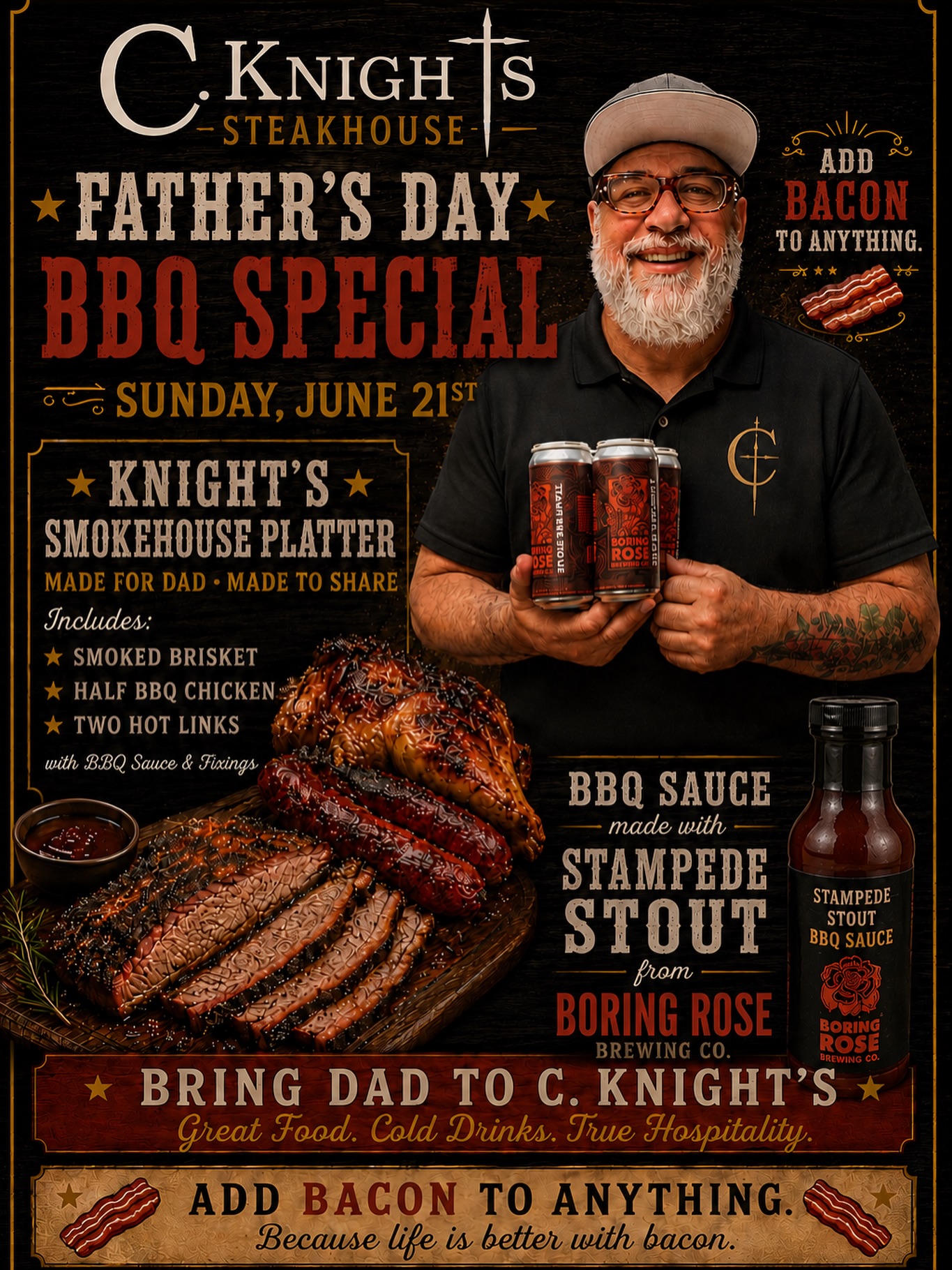 🔥 Dad called. He wants BBQ at C. Knights this Sunday. 🔥
Join us Sunday, June 21 for our Knight’s Smokehouse Platter—made for Dad and made to share.
🥩 Smoked Brisket
🍗 Half BBQ Chicken
🌭 Two Hot Links
🥓 Add Bacon to Anything
Finished with our house-made BBQ sauce crafted with Stampede Stout from Boring Rose Brewing Co.
Bring Dad to C. Knight’s Steakhouse for great food, cold drinks, and true hospitality.
📍 2085 Vine St., Suite 101, El Dorado Hills
📞 916-235-1730
#CKnightsSteakhouse #FathersDayBBQ #ElDoradoHills #BBQSpecial #Brisket SmokehousePlatter BoringRoseBrewing SupportLocal DadApproved