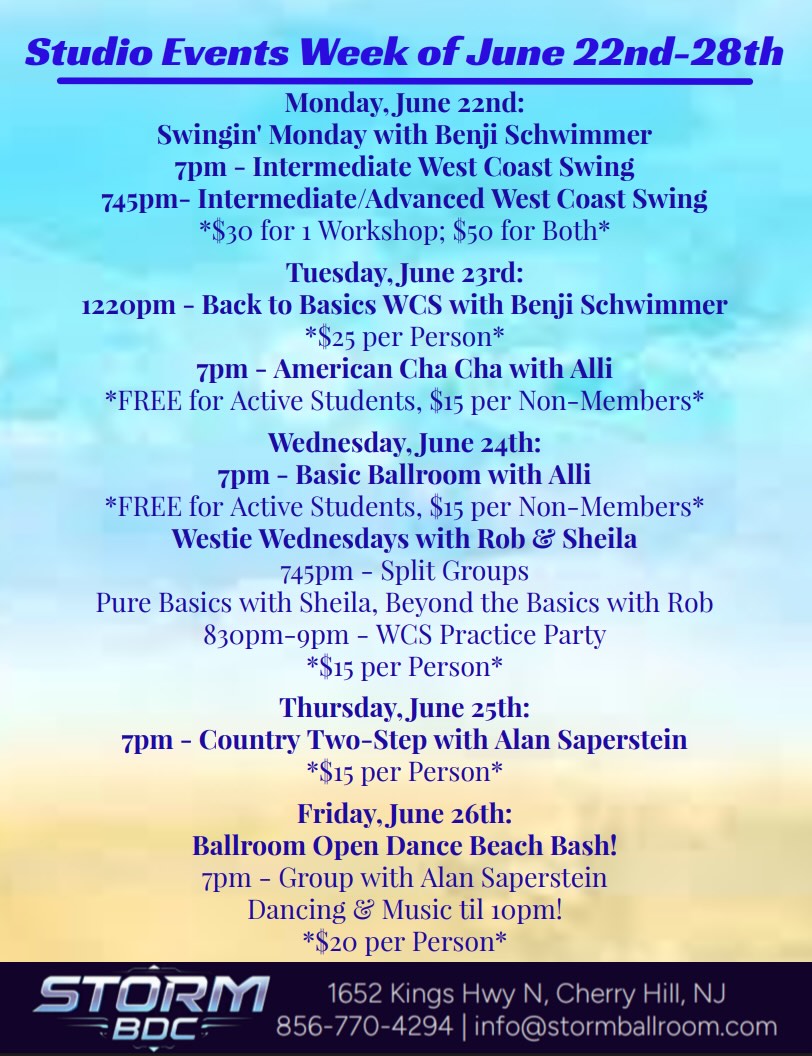 Happy Monday Dancers! We’ve got a full week of dancing leading up to our Ballroom Open Dance Beach Bash this Friday, June 26th from 7-10pm 🤩 Check out all the fun we have going on this week and never miss a chance to dance 💃🕺