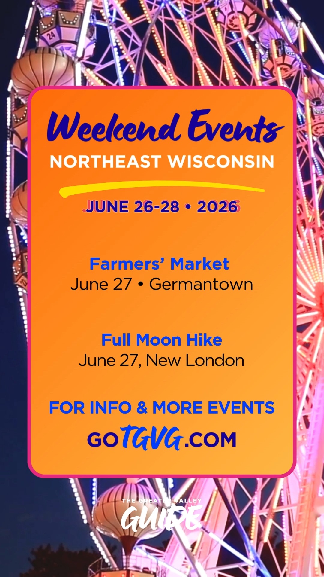 Weekend plans? We've found them!
Check out the events happening around Northeastern Wisconsin (and beyond) this weekend.
Follow us for more family fun events like this!
And, visit goTGVG.com for upcoming kids activities, free and cheap family fun and more – all summer long!
#WisconsinSummer #CountyFairSeason