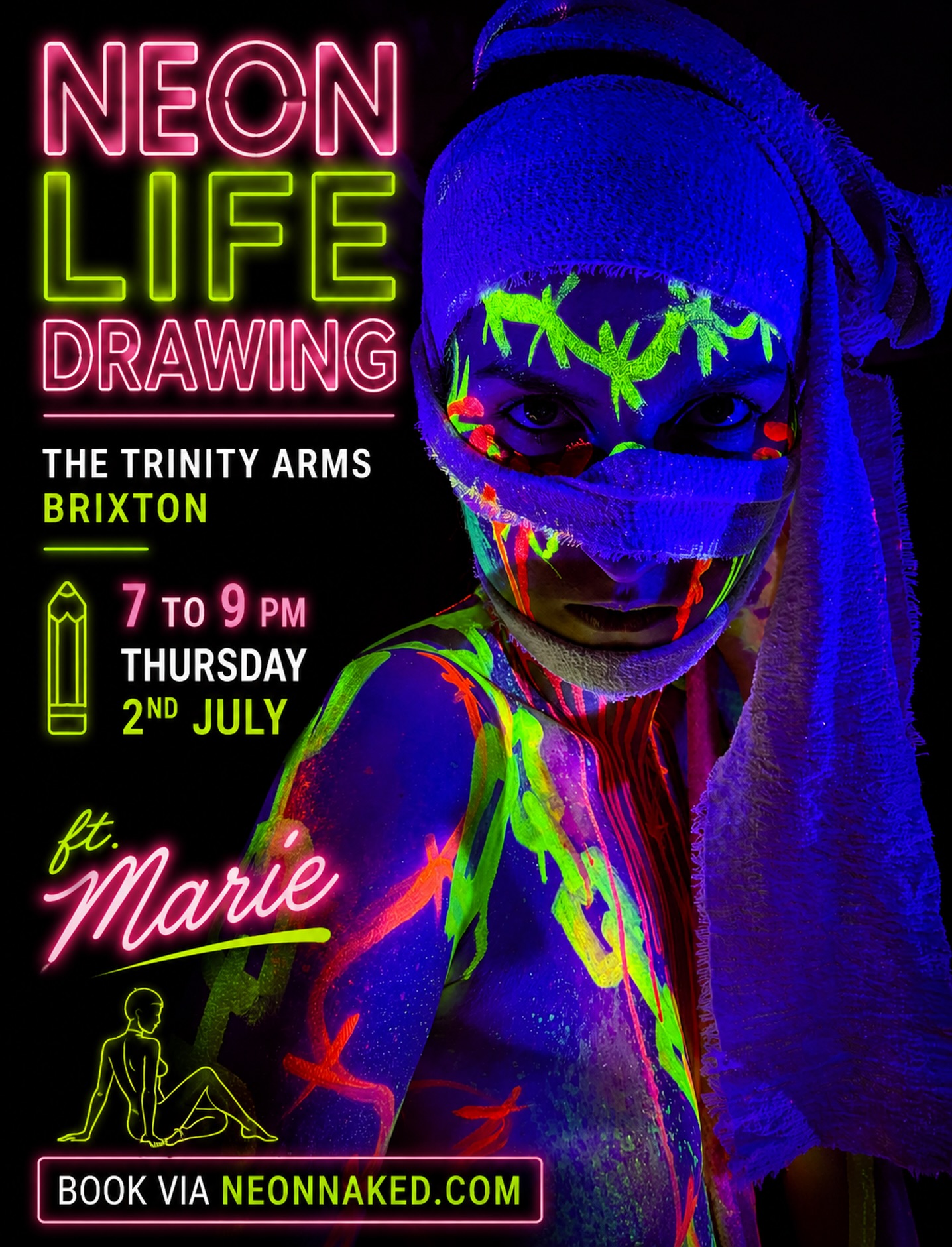 ✨ Step into the glow at Neon Naked Life Drawing ✨
Join us at @thetrinityarms , Brixton for an unforgettable evening of UV art, creativity, and vibrant body-painted poses featuring the incredible @this.bloody.marie !
📍 The Trinity Arms, Brixton
🗓️ Thursday 2nd July
🕖 7:00 PM – 9:00 PM
🎨 All skill levels welcome
🎟️ Book now via NeonNaked.com
Bring your sketchbook, grab a drink, and immerse yourself in a unique neon-lit life drawing experience.
#LifeDrawing #BrixtonEvents #NeonArt #LondonArt #UVArt