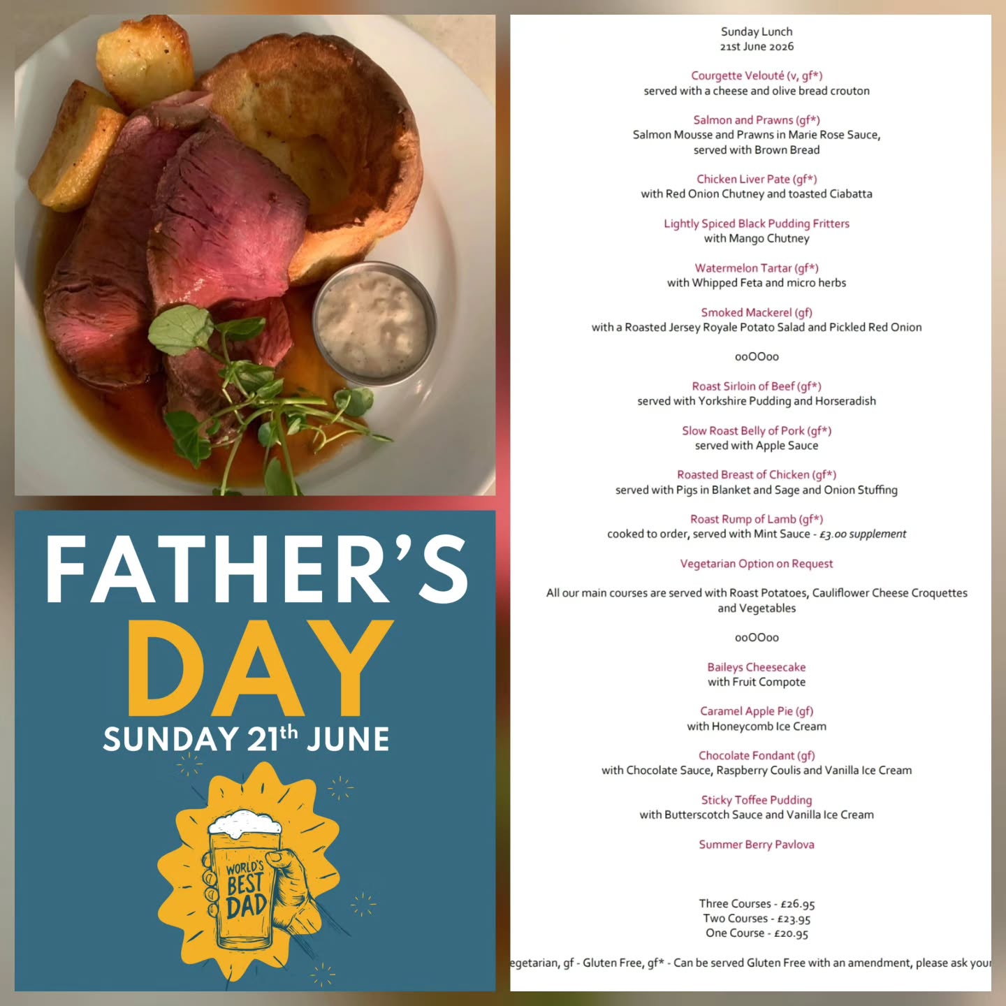 We have some tables free for lunch tomorrow, why not bring the man in your life to celebrate.
Give us a call to book 01536 770268