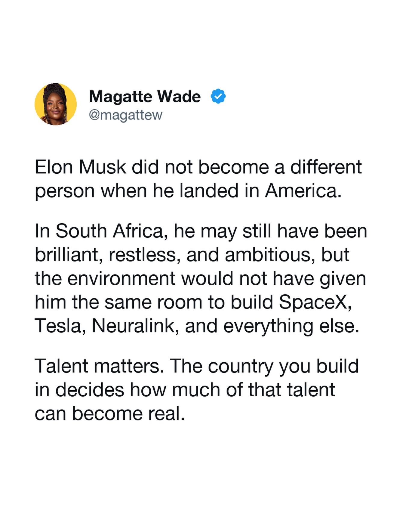Most people know Elon Musk because he left South Africa.
That should bother anyone who cares about Africa’s future.
His drive was already there. America gave him a better place to use it.
Now imagine the same person, with the same ambition and the same obsession with building impossible things, trying to do all of this where capital is hard to find, paperwork is slow, imports get stuck, regulators can change the rules overnight, and a bribe can decide whether your business moves or dies.
Bad systems destroy the future quietly.
They make the builder waste years on licenses, customs, electricity, financing, and people with stamps who can stop everything.
By the time he is finally allowed to build, the best years of his energy may be gone.
This is why I fight for economic freedom in Africa.
I want Africans to build at home. I want our entrepreneurs to spend their lives creating, hiring, selling, exporting, and solving real problems instead of begging broken systems to let them move.
The next Elon should not have to leave Africa before the world can see what he can do.
