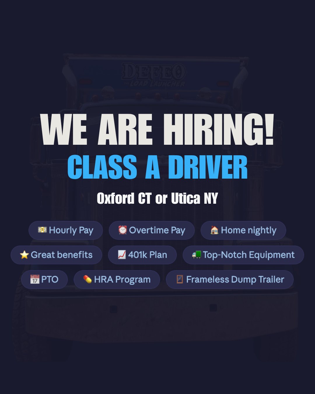 🚛 We're hiring a Class A CDL Driver based out of Oxford CT or Utica NY! Get home nightly, great pay and benefits. If you're a professional driver looking for stability and work-life balance, this is your lane. Send us a DM or email to apply! fleet@defeomaterials.com
Valid Class A CDL and current DOT medical card required. Position is subject to pre-employment drug screening and participation in our random testing program.
#CDLDriver #NowHiring #TruckingJobs #ClassA #CDLJobs #TruckDriver #HomeNightly #DrivingJobs #TruckLife #HiringNow