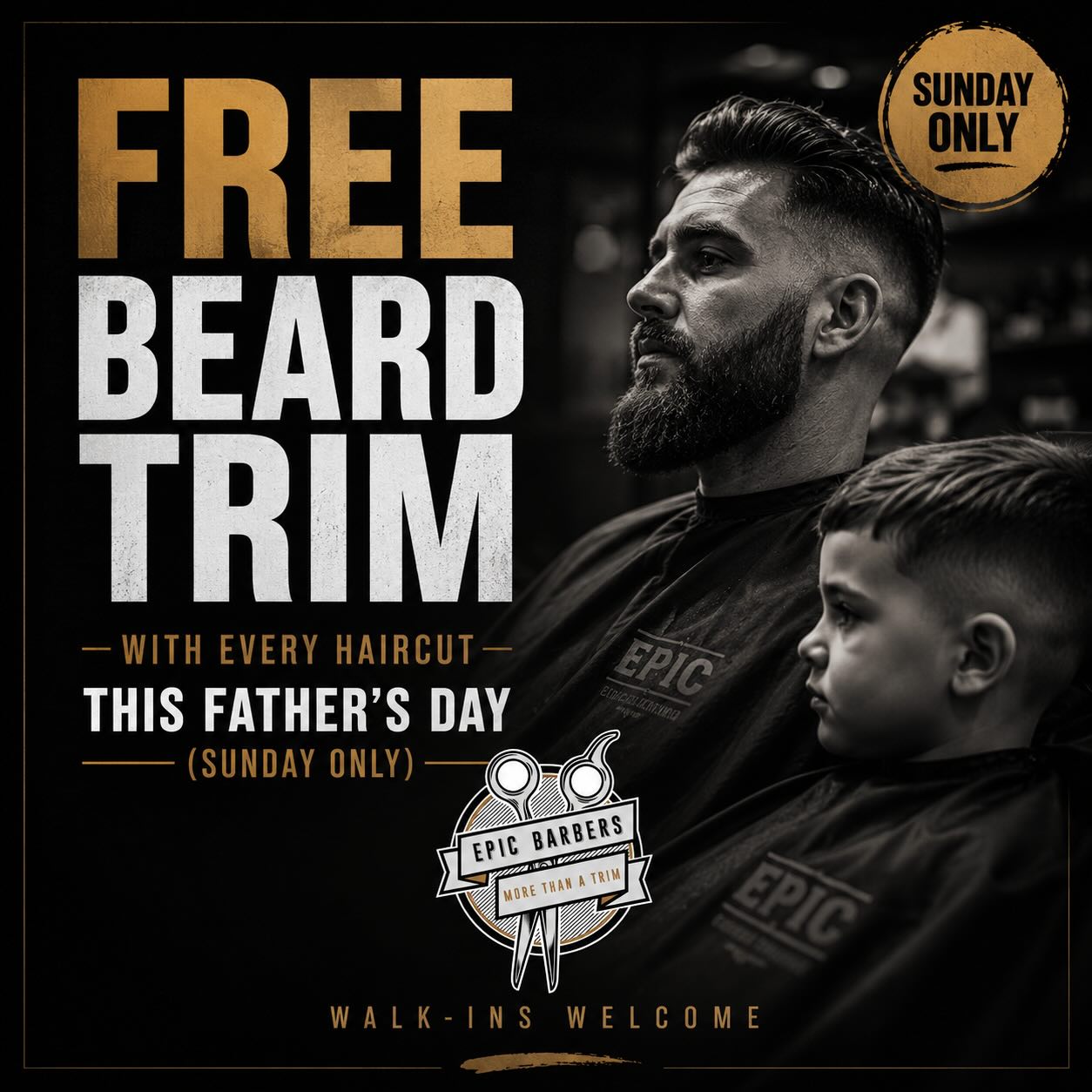 👔 FATHER’S DAY SPECIAL 👔
This Sunday only, every haircut comes with a FREE beard trim on us. 🤝🏾
A little thank you to the dads, stepdads, grandads, and father figures who always show up.
📍 Epic Barbers Guildford
📅 Sunday Only
Walk-ins welcome.
#FathersDay #GuildfordBarber #EpicBarbers #BeardTrim