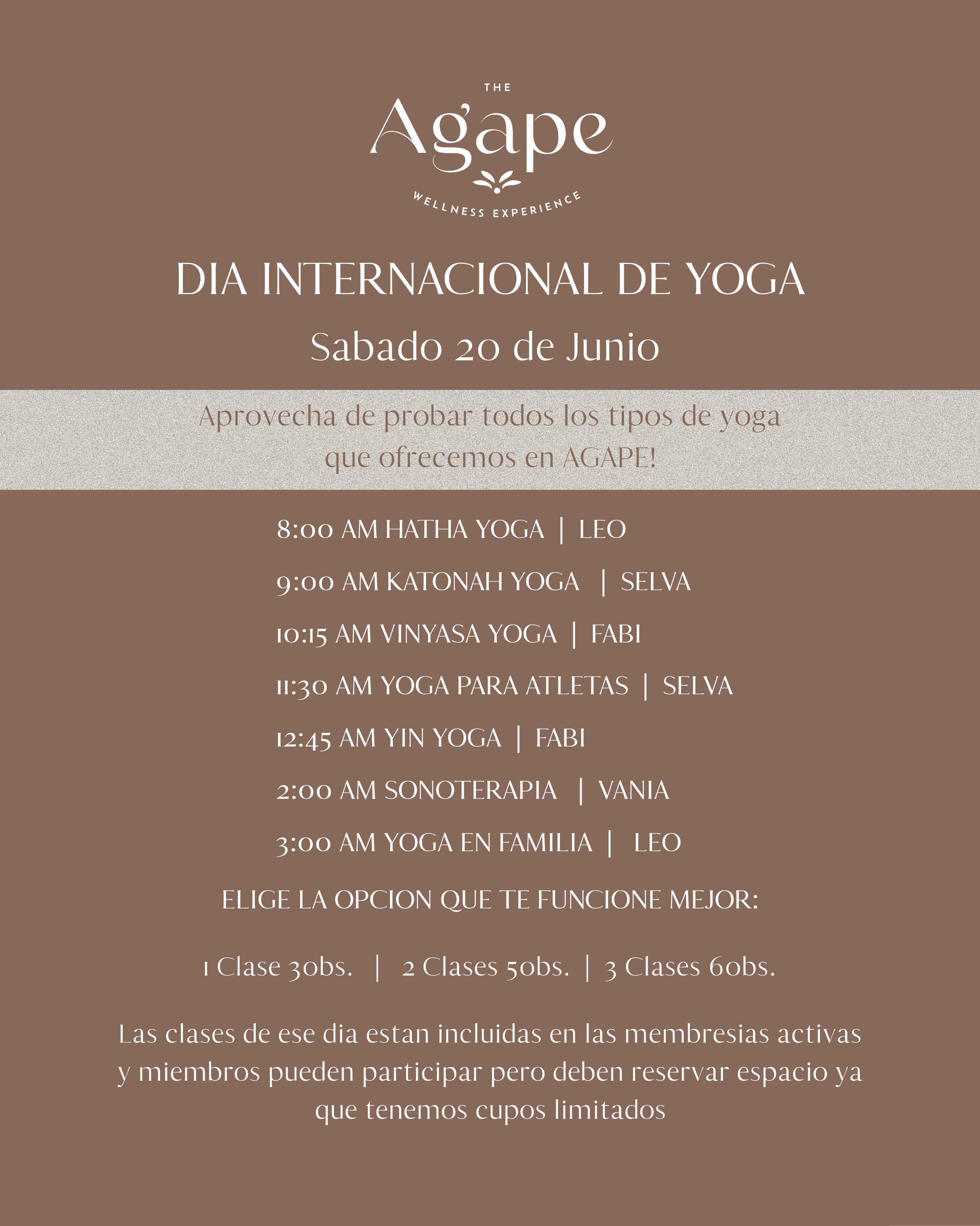 DÍA INTERNACIONAL DE YOGA ✨
Este sábado 20 de junio te invitamos a probar la variedad de tipos de yoga que ofrecemos en ágape! 5 clases seguidas para encontrar el tipo que mejor alinea con tus necesidades!
Regístrate lo antes posible ya que tenemos cupos limitados💛
Te vemos en el Mat!