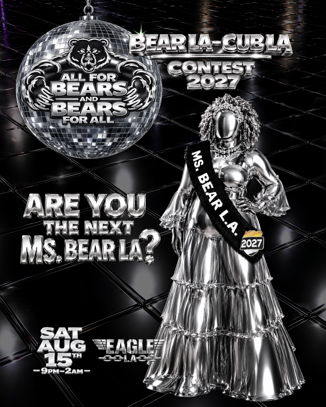Are you the next Ms. Bear LA?
Since its founding in 1993, Bears LA has proudly served and supported the Los Angeles bear community through fellowship, visibility, service, and charitable giving. Bears LA proudly presents the following titles:
Mr./Mx./Ms. Bear LA
Cub LA
Mr. LA Leather Bear
Our titleholders play a vital role in advancing the Bears LA mission and serving as ambassadors for our community.
OUR MISSION
Bears LA is dedicated to promoting camaraderie, community, and chosen family while giving to charitable organizations and encouraging community services.
OUR MOTTO
Fierce, Fur-ocious, and Free to be Yourself!
This competition is open to people of all ages, sizes, genders, races, and identities. We are looking for the next Mr. Mx. or Ms. Bear LA. Contestants must be passionate about community, committed to service, and eager to make a positive impact.
As a contestant, you’ll have the opportunity to share your experiences, showcase your strengths, and demonstrate how you can contribute to the growth and success of the bear community. We want to learn about your journey, your vision, and what inspires you to serve.
Whether you’re competing for Mr., Mx., Ms. Bear LA, Cub LA, or Mr. LA Leather Bear, what matters most is that you embody the spirit of Bears LA: Fierce, Fur-ocious, and Free to Be Yourself—and are ready to proudly represent our organization and community.
Apply here:
https://forms.gle/bYHfUJsPRGgq5veT8
#bearsla #msbearla #eaglela