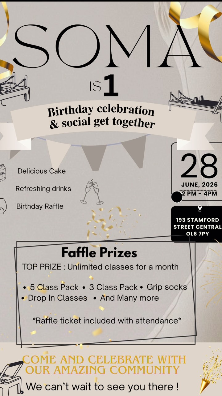 The cat is officially out of the bag! 🎁
As a boutique local business, we love nothing more than supporting other incredible independents in the Ashton and Tameside area. To celebrate our first birthday, we’ve teamed up with some of our absolute favourite local wellness and beauty specialists to bring you an incredible lineup of raffle prizes.
No catches, no entry fees, every single person who comes to our Birthday Social gets a complimentary raffle ticket just for showing up! 🎟️
Here is a little sneak peek of what’s up for grabs:
The Soma Grand Prizes: A whole month of UNLIMITED Reformer classes, plus multi-class packs and our signature grippy socks.
💆♀️ Liquorice Head Spa & SMP: A blissful treatment voucher for one of their famous scalp and head spa rituals (@liquoriceheadspa_andsmp ).
🧴 Mary Haworth @maryhaworthbeautyculture An ESPA Luxury Skin Gift Set & Skin Analysis Consultation to leave you with a gorgeous, radiant glow.
🕊️ Deep Relaxation Wellness Vouchers: Gift vouchers for professional 75-minute and 90-minute wellness sessions at @thearkmcr to help you completely unwind.
We want to say a huge thank you to these amazing local businesses for partnering with us to spoil our community! 🤍
🗓️ Sunday 28th June
⏰ 2:00 PM – 4:00 PM
📍 At the studio (dressed in normal clothes no grip socks needed!)
Cake, drinks, beautiful chats, and prizes. Our tickets are completely free, but we do need you to register so we can make sure we have enough bubbly and treats waiting for you! 🥂🍰
👉 Tap the link in our bio to grab your free Eventbrite ticket!
#SomaMovement #AshtonUnderLyne #SupportLocalAshton #TamesideWellness #ReformerPilatesManchester UKPilates LocalCollaborations AshtonSmallBusiness PilatesCommunity