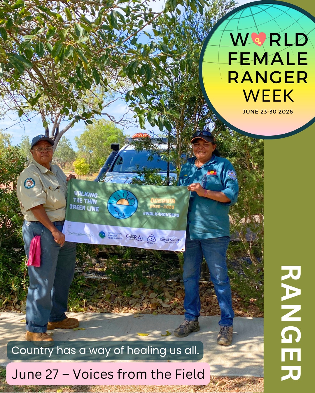 🌿 World Female Ranger Week – Day 5
Voices from the Field
"The best conversations happen on Country."
This photo is of Charmaine Bowen from the Rinyirru (Lakefield) Aboriginal Corporation and Anneleise Baird from Queensland Parks and Wildlife Service, two remarkable women I had the privilege of meeting while visiting Rinyirru (Lakefield) National Park during the Walking the Thin Green Line Oceania expedition.
Both women shared their stories with generosity and pride, and both are passionate about caring for Country and inspiring the next generation.
But it was a conversation with Charmaine, while travelling together on Country, that has stayed with me ever since.
As the daughter of two Stolen Generations parents, Charmaine carried anger and resentment for much of her life. She told me there was a time when she didn't want to speak to "white fellas."
Then she became a ranger.
Working on Country meant meeting visitors from all walks of life. Day by day, conversation by conversation, something began to change.
Country healed her.
She discovered that sharing her culture wasn't giving something away—it was building understanding. She realised that black fellas and white fellas are simply people, and that caring for Country is something we move forward in together.
Today, one of the things that makes her proudest is seeing the next generation following in her footsteps. Her daughter now works on her Country, her niece hopes to become a ranger, and she's passionate about bringing young people back onto Country so they too can heal, learn and belong.
That conversation reminded me why ranger stories matter.
Some stories aren't really about weeds, wildlife or patrols.
They're about people.
About healing.
About connection.
And about the incredible power of Country to bring us together.
Thank you, Charmaine and Anneleise, for trusting me with your stories.
@worldfemalerangerweek
#WorldFemaleRangerWeek #FemaleRangers #GuardiansOfHopeFilm #InternationalRangerFederation #CaringForCountry
