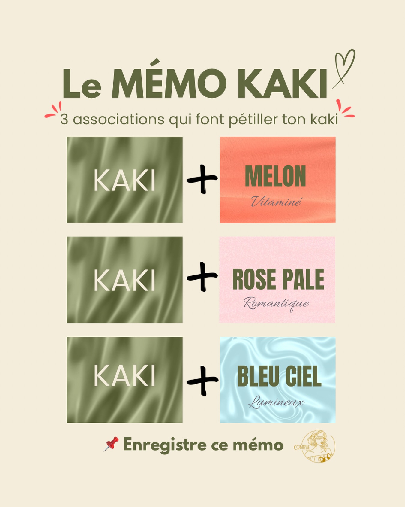 Le kaki mérite tellement mieux que le noir. 💚
On l’oublie souvent, mais c’est une couleur incroyable pour créer des looks lumineux et modernes.
Aujourd’hui, je vous partage 3 associations que j’adore :
🍈 Melon
🩷 Rose pâle
🩵 Bleu ciel
📌 Enregistre ce mémo, il pourra te sauver lors de ton prochain shopping !
Et maintenant, j’ai besoin de vous… 👇
👉 Avec quelle couleur galères-tu le plus à faire des associations ?
Écris-la en commentaire (une seule couleur 😁).
Je choisirai vos réponses pour créer les prochains réels looks et vous montrer des associations faciles à reproduire.
À vous de jouer, mes petites pépites ! 💕
#comtessedeblois
#oserlescouleurs
#conseilmode
#colorimétrie
#ideelook