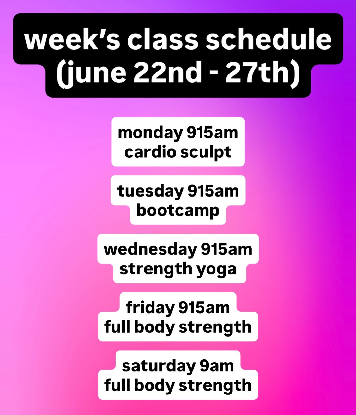this week’s schedule for group fitness classes. strength yoga has officially joined our line-up 🥳
what we use for each group fitness class:
CS= mat, resistance bands
BC = diverse array of fitness equipment
SY = mat (recommend you BYO)
FBS = mat, dumbbells
personal training and pre-recorded class streaming services available also.
DM with any questions 😊
-
-
-
-
-
-
-
-
-
-
-
-
-
-
-
-
-
-
-
#fullbodyfitness #fitness #cardio #strength flexibility