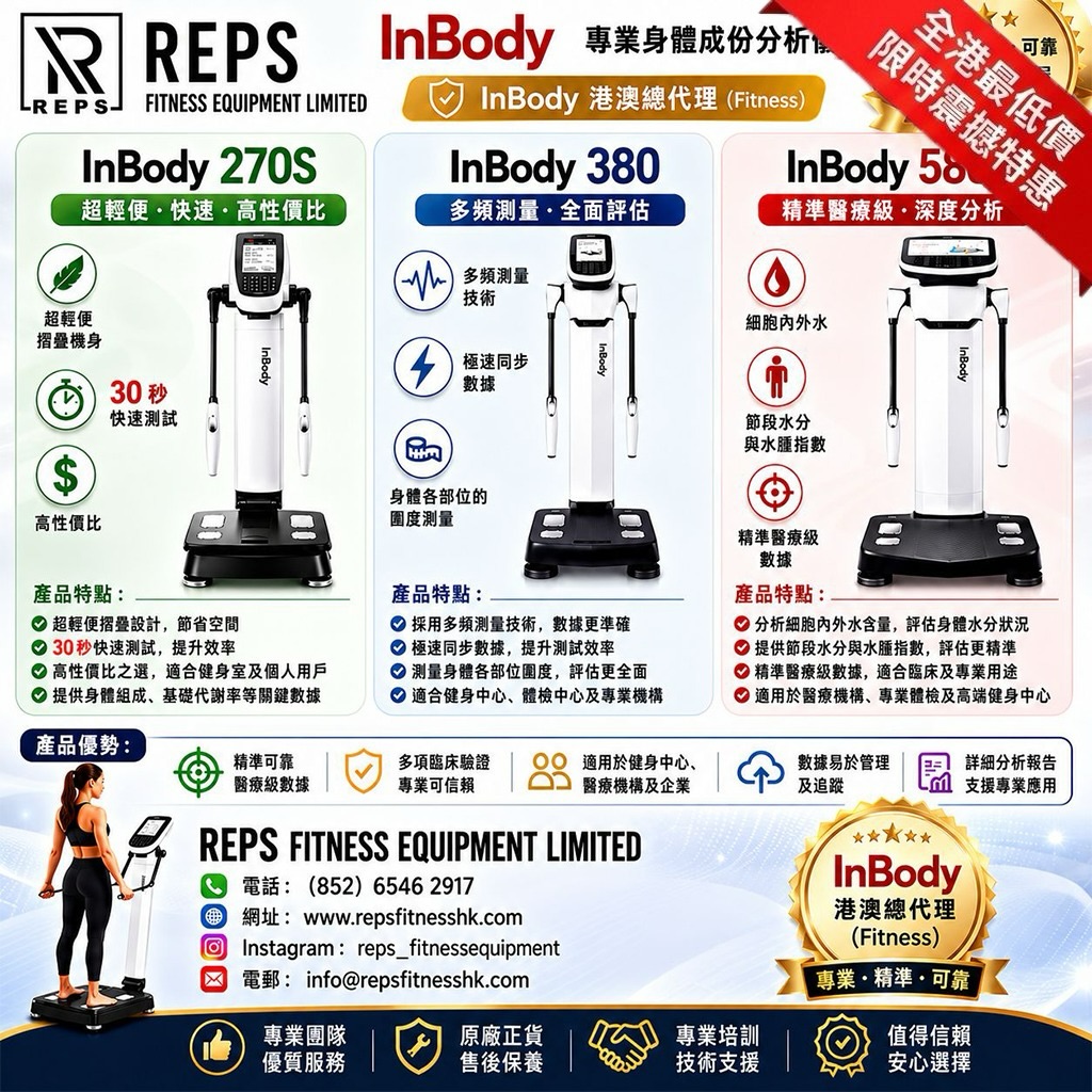 【港澳唯一 InBody (Fitness) 總代理|全港澳最平優惠價保證 💰】
想為你嘅 Gym Room、工作室或者醫療機構引入最專業嘅身體成分分析儀?
認準 REPS Fitness Equipment Limited!作為官方授權嘅港澳總代理 (Fitness),我哋直接跳過所有中間商,將最實惠嘅價格回饋畀各位場主!
🌟 點解要揀 REPS 總代理?*
1️⃣ 100% 原廠正貨正品:杜絕任何水貨或翻新機,官方認證最安心。
2️⃣ 全港澳最平優惠價:總代理直接出貨,保證性價比最高,歡迎對比!
3️⃣ 專業售後維修保養:(韓國培訓)專業技術團隊,提供原廠零件維修、定期檢測與保養支援。
📊 三大王牌型號 應對不同商用需求
專業嘅數據,先可以幫客戶制定最有效嘅訓練計劃,同時大大提升你 Gym Room 嘅品牌形象同信任度!
🎁 現正推出代理專享限定優惠!
想要索取詳細型號規格、報價或預約體驗?
📲 即刻 DM 我哋
📞 WhatsApp / 電話:(852) 6546 2917
🌐 官方網址:www.repsfitnesshk.com
#InBody #健身器材 #創業 #增肌減脂 #教練