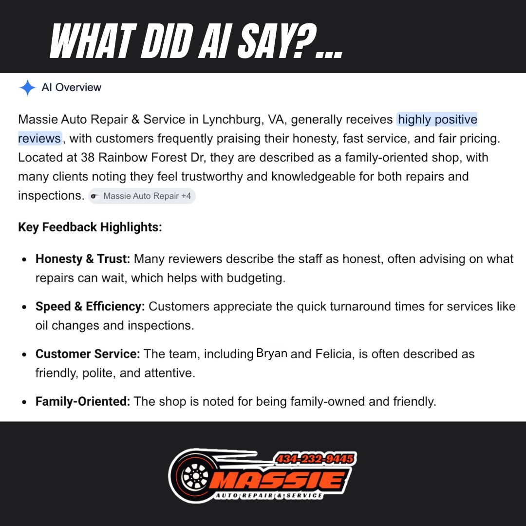 Turns out AI knows what’s up. 👊
When people search for Massie Auto Repair & Service online… this is what comes up.
Built on hard work. Backed by real customers. Trusted repairs. No gimmicks — just quality work done right.
To everyone who’s trusted us with your vehicle, left a review, told a friend, or kept coming back — thank you. You’re the reason our name shows up.
Need service? Skip the guesswork. Bring it to the shop that keeps getting recommended.
Massie Auto Repair & Service
Built on trust. Fixed right.
#mechanicshop #local #cars #automotiveshop