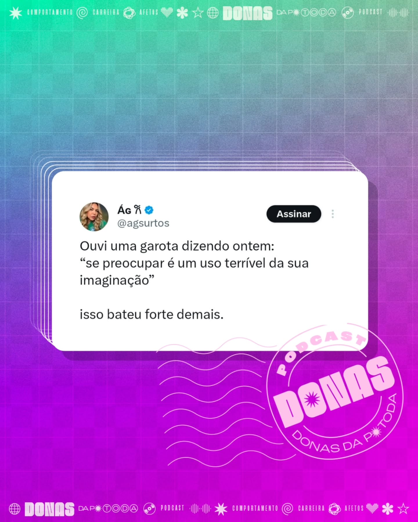 Segunda-feira, 22 de junho de 2026. Prontas para mais uma semana e mais uma curadoria de tweets?
Nesta terça tem episódio novo no ar. Aproveita para seguir o Donas e avaliar com 5 estrelas no Spotify e na Apple Podcasts.
Contribua com a nossa campanha de financiamento coletivo em apoia.se/donasdaptoda e receba conteúdos exclusivos, brindes e muito mais
#donasdaptoda #podcasts #mulherespodcasters