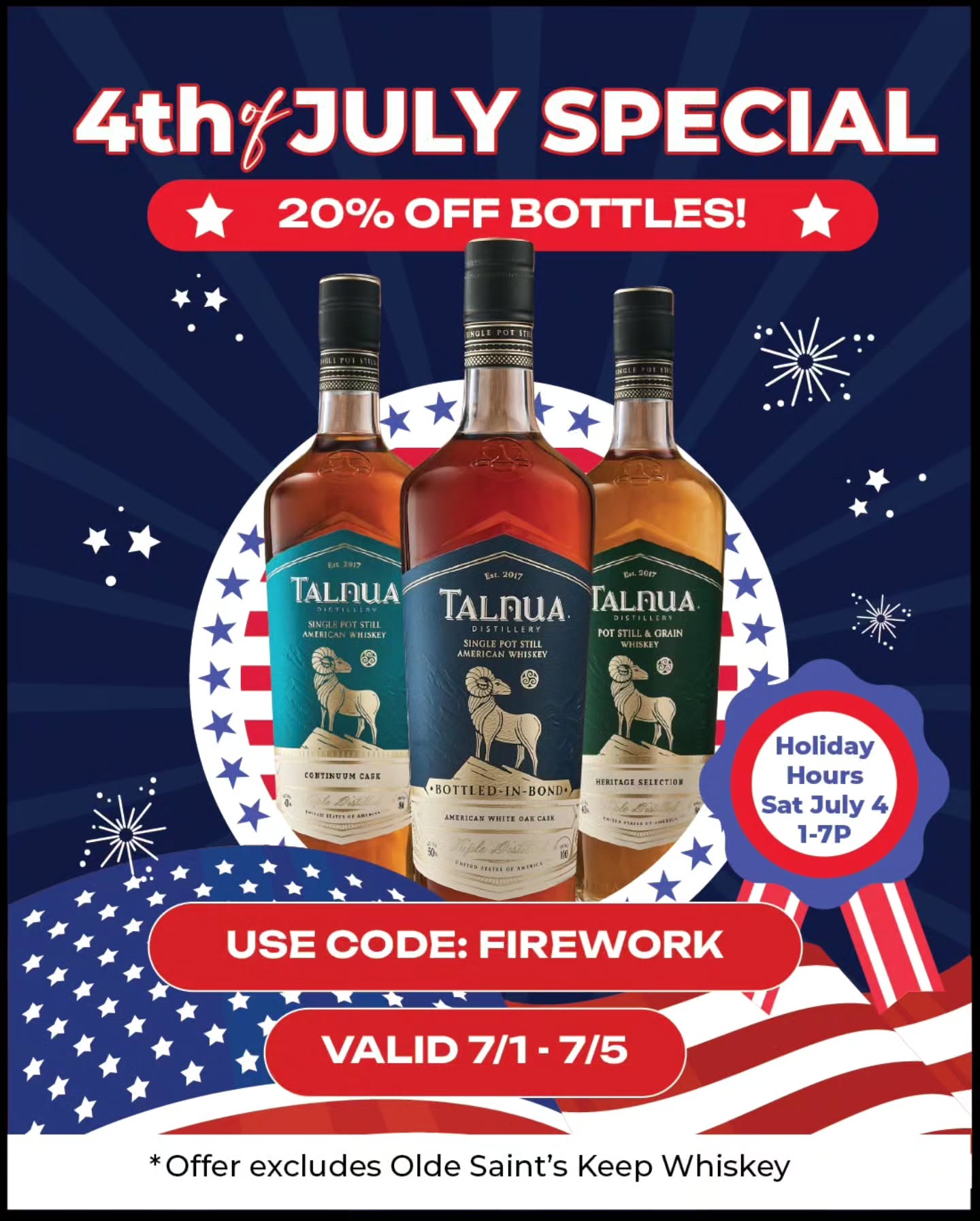 Celebrate America's birthday with a whiskey that's helping write the next chapter of American whiskey.
From July 1–5, enjoy 20% OFF bottles in our tasting room when you use code FIREWORK at checkout.
Order ahead online for quick pick up.
Whether you're stocking up for your Fourth of July celebration or bringing a bottle to share, there's no better time to raise a glass of American Single Pot Still Whiskey.
Offer excludes Olde Saint's Keep Whiskey. Offer valid on in-distillery bottle purchases only.