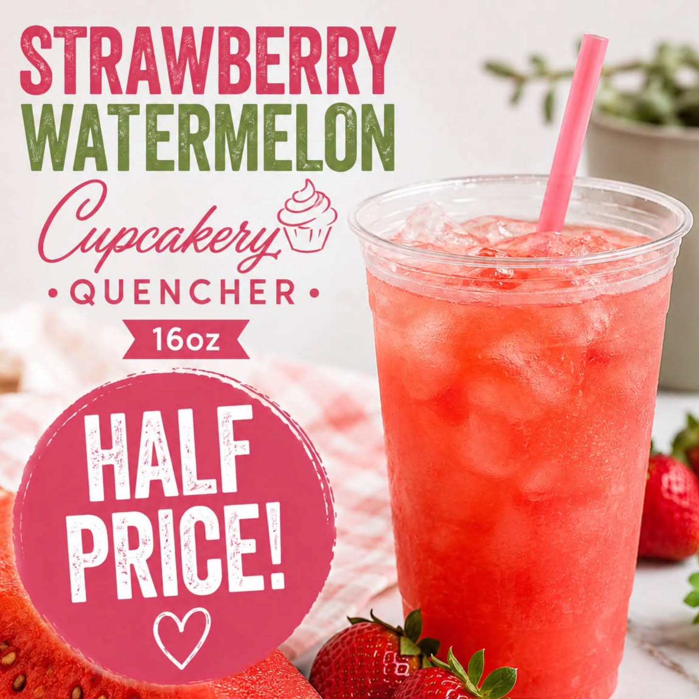🍓🍉 Strawberry Watermelon Cupcakery Quencher 🍉🍓
16 oz • Half Price Special
Choose your base:
✨ Sugar-Free Lemonade
✨ Sugar-Free Green Tea
Then customize it with:
🍓 Strawberry (Regular or Sugar-Free)
🍉 Watermelon (Regular or Sugar-Free)
Want an extra boost? ⚡ Add an energy shot for an additional charge!