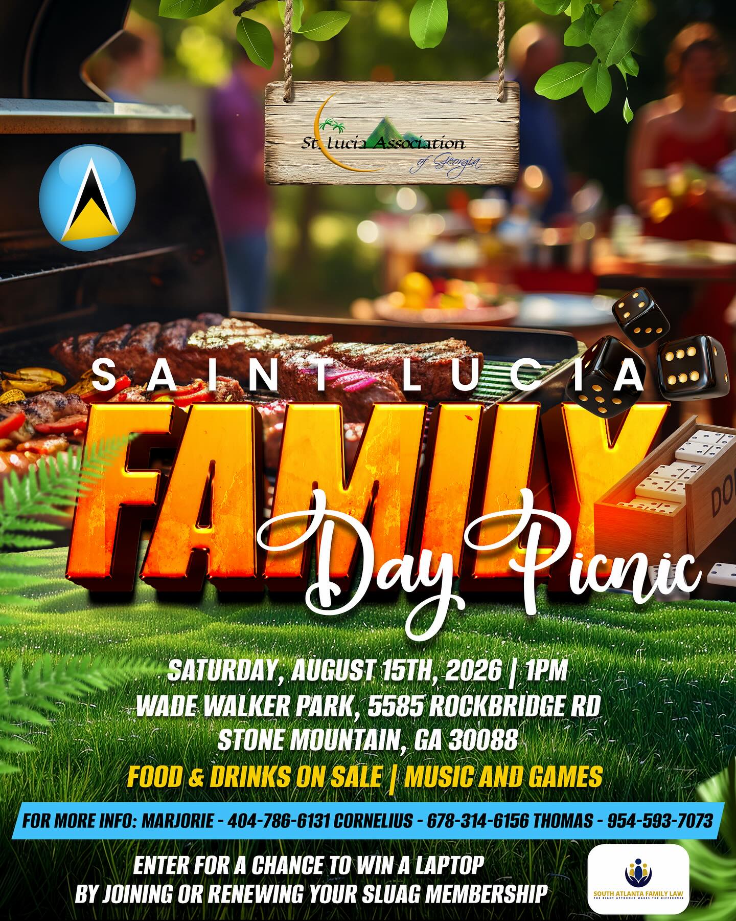 🇱🇨☀️ SAVE THE DATE – SAINT LUCIA FAMILY DAY PICNIC! ☀️🇱🇨
Get ready for an afternoon filled with great food, good vibes, music, games, and community spirit!
Join the St. Lucia Association of Georgia as we come together to celebrate our culture, strengthen friendships, and create lasting memories with family and friends.
📅 Saturday, August 15th, 2026
📍 Wade Walker Park, Stone Mountain, GA
🕐 1:00 PM – 9:00 PM
🍗 Food & Drinks on Sale
🎶 Music & Entertainment
🎲 Games & Family Fun
💻 Join or renew your SLUAG membership for a chance to WIN a laptop!
Bring your family, invite your friends, and come enjoy a true St. Lucian lime right here in Georgia!
#SLUAG #StLuciaFamilyDay #SaintLucia #StLuciansInGeorgia #FamilyFun #CommunityStrong #CultureAndTradition #PicnicVibes #StoneMountainGA #SupportSLUAG 🇱🇨💙💛🖤